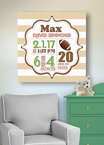 MuralMax Personalized Stretched Canvas Birth Announcement Gift, Custom Baby Name, Date, Weight Stats, Newborn Football Nursery Wall Art Decor, Wooden Frame Construction, Ready to Hang 12X12