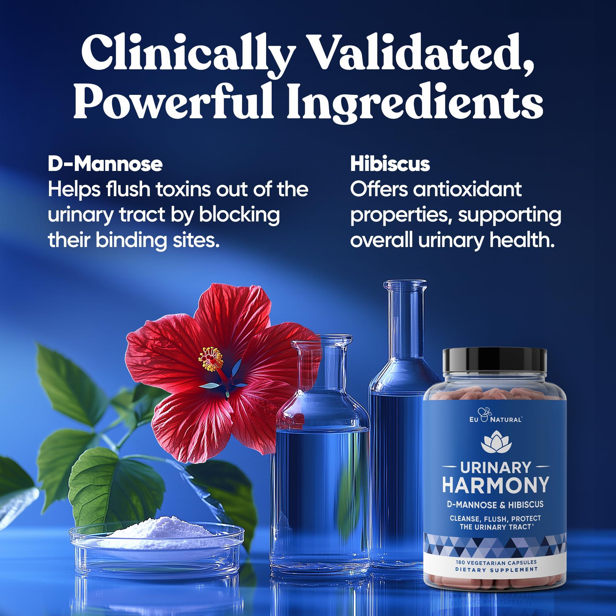 Eu Natural Urinary Harmony D-Mannose Supplement  Urinary Tract Health for Women  Potent Clinical Strength Formula Cleanses and Flushes the Urinary System  180 Fast Acting Capsules (Improved Comfort in 7 Days)