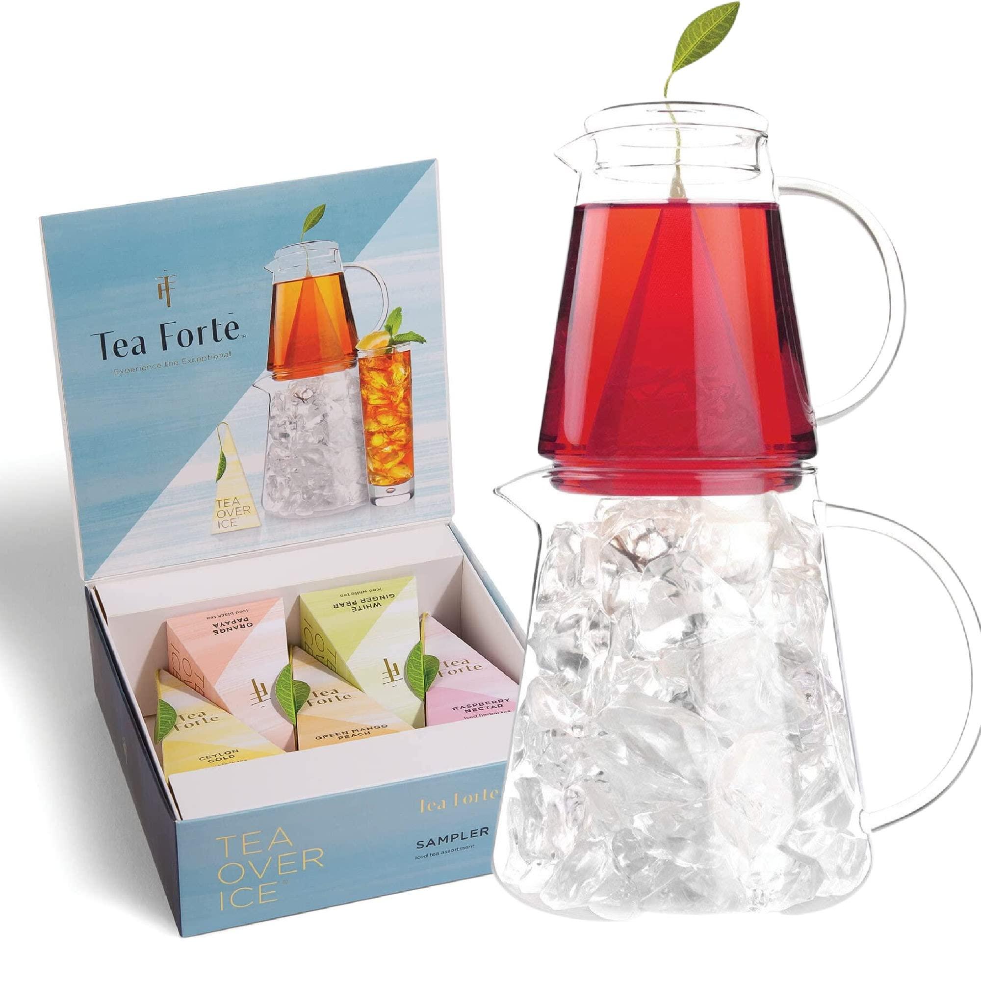 Tea Forte Tea Forte Tea Over Ice Steeping Pitcher + Tea Infuser Blends, Variety Pack Tea Pitcher Sized Ice Tea Infusers (5pk) + Glass Serving & Brewing Pitcher Set for Flash Chilled Ice Tea