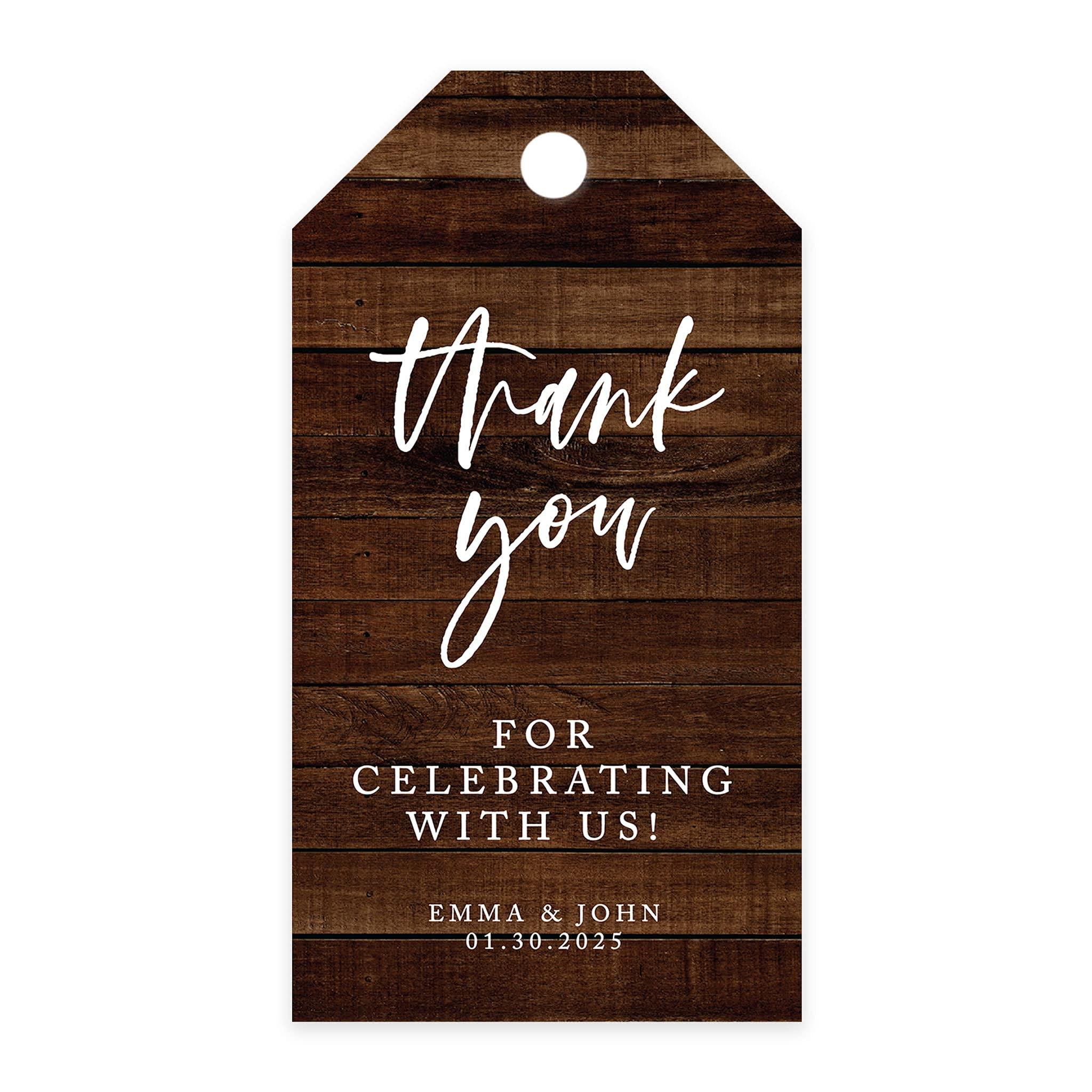 Andaz Press Andaz Press 100-Pack Personalized Thank You for Celebrating with Us Wedding Favor Tags with Bakers Twine Rustic Wood Custom Cardstock Wedding Gift Tags for Wedding Party Favors 2 x 3.75-Inches