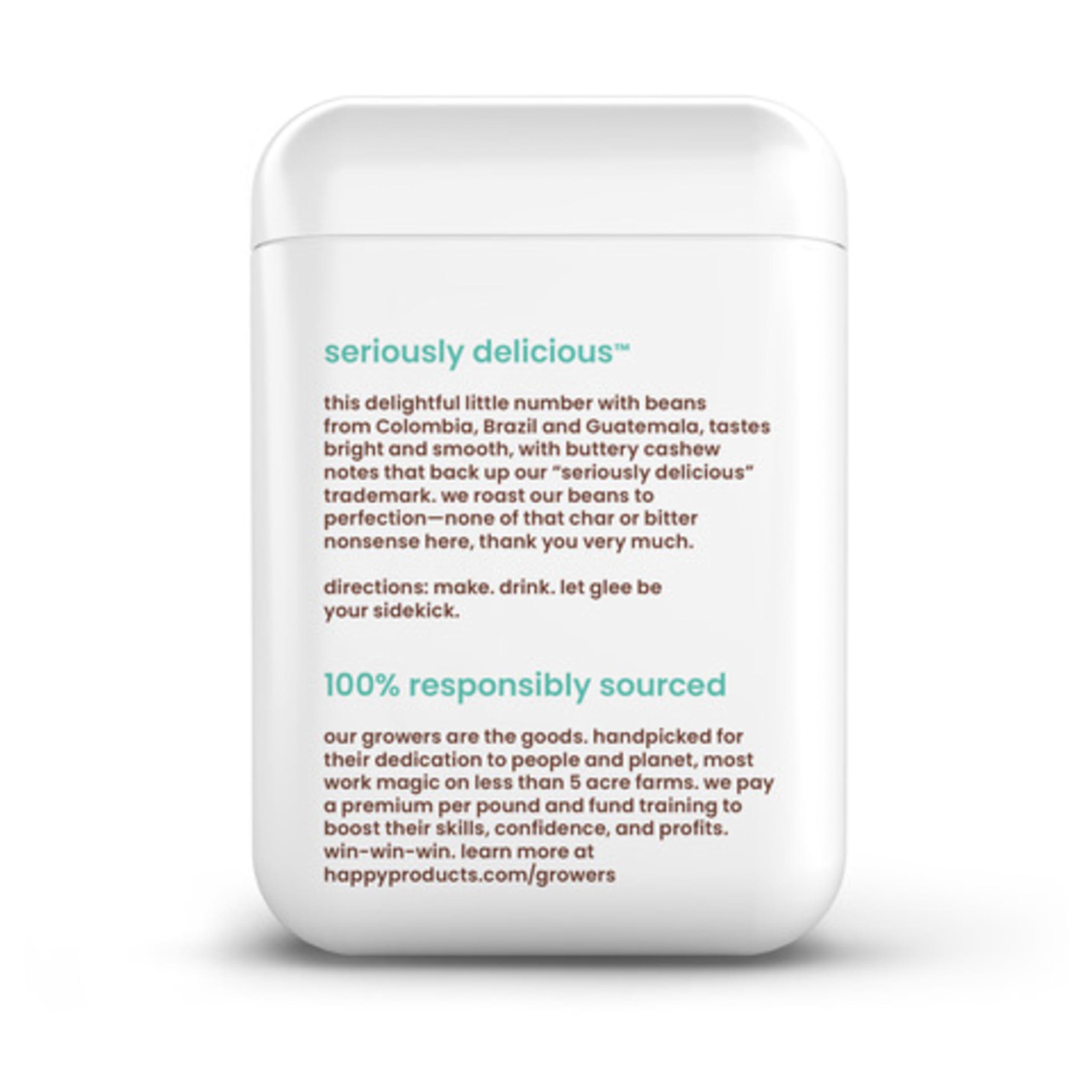 We Are Happy, LLC happy coffee light roast ground coffee, 12 oz., notes of cashew & elation, recyclable container, grown & harvested in Colombia, Brazil & Guatemala