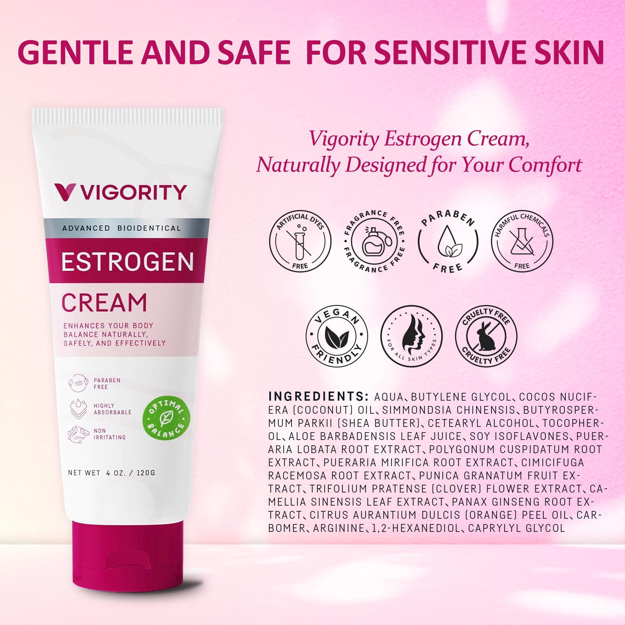 Vigority Estrogen Cream For Women, Natural Bioidentical, Hot Flashes Menopause Relief, Estrogen Cream With Wild Yam, Menstrual Cycle & Body Balance Support, Helps Reduce Hot Flashes, Paraben-Free, Vegan, 3-Month Supply(4 Oz)