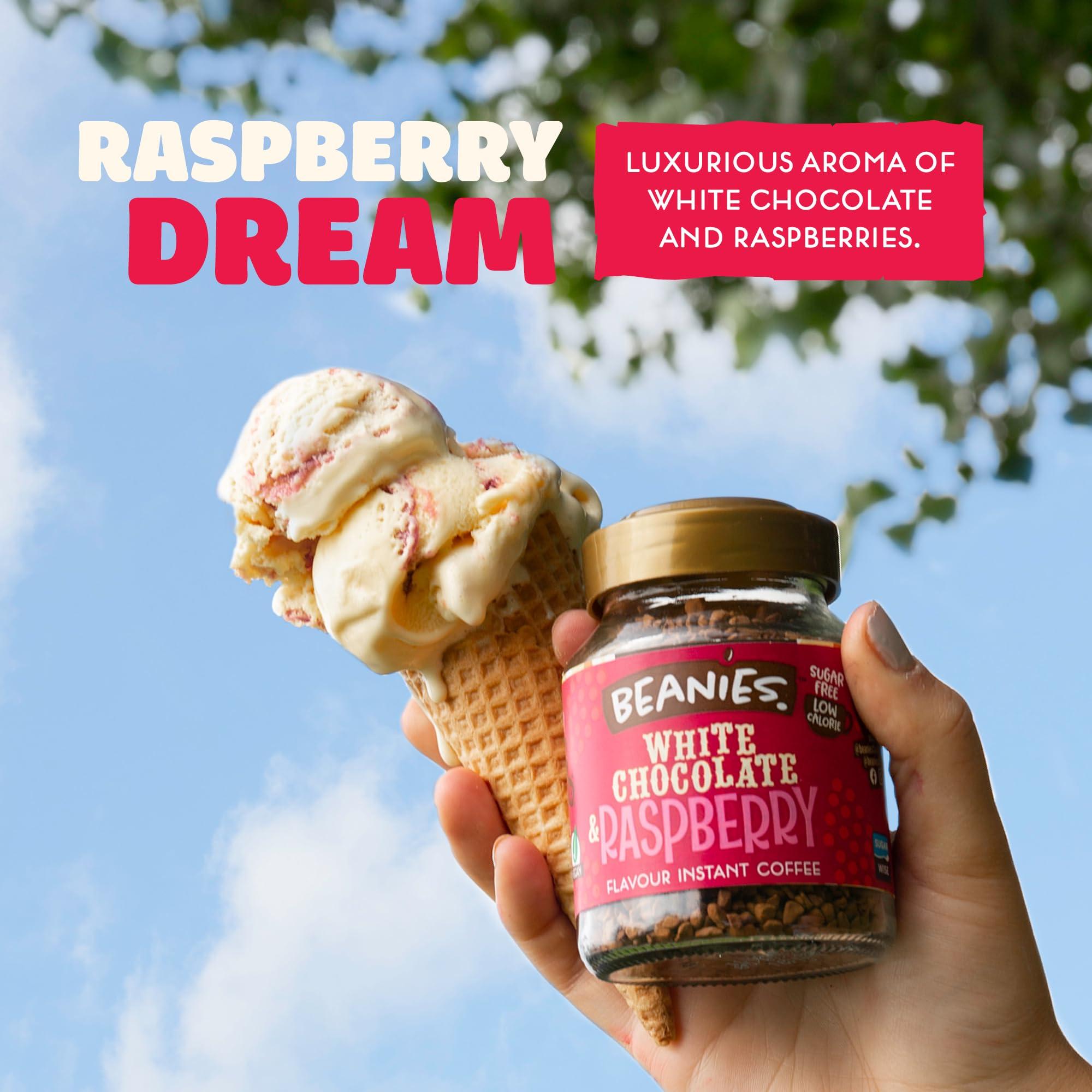 Beanies The Flavour Co Beanies Flavour Instant Coffee -White Chocolate & Raspberry Instant Flavored Coffee - Bold & Adventurous Full-On Flavor - An Indulgent Sugar Free Taste Explosion - Low Calorie - Vegan & Gluten Free - Wheat & Dairy Free, 6 x 50g jar