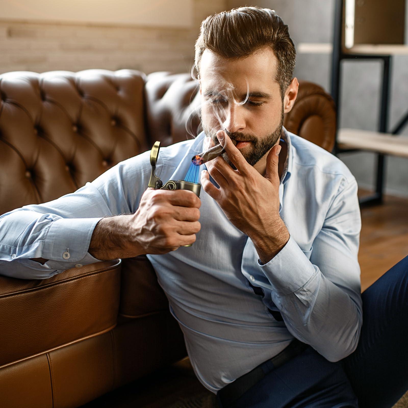 XIFEI XIFEI Cigar Torch Lighter, Refillable Desktop Butane Lighter Windproof 4 Jet Flame, Cigar Holder Cigar Accessories, Adjustable Flame Rocker Arm Lighters Gift for Men (Red)