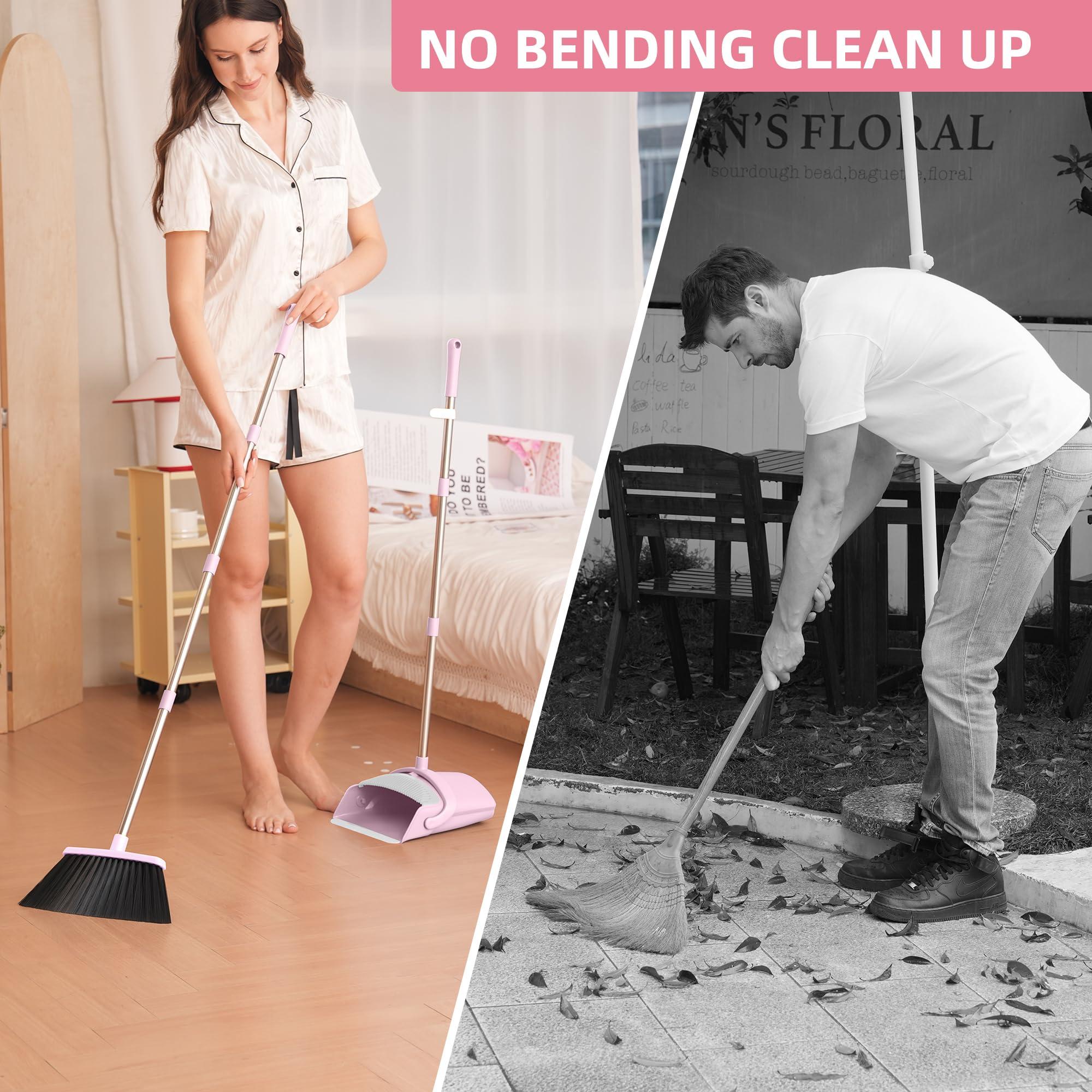 BSKLIN BSKLIN Broom and Dustpan Set, Outdoor Broom with Dustpan Combo Set for Sweeping Indoor Collapsible Broom Set for Home Office Kitchen Lobby Floor Pet Hair (Small-Pink)