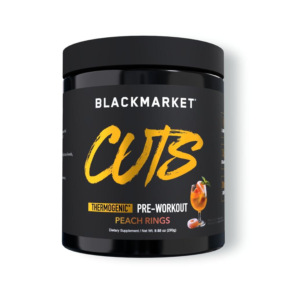 BLACKMARKET BLACKMARKET CUTS Pre Workout - Flavored Energy Powdered Drink Mix for Men & Women, Great for Muscle Definition, Thermogenic, Creatine Free, (Peach Ring, 30 Servings)