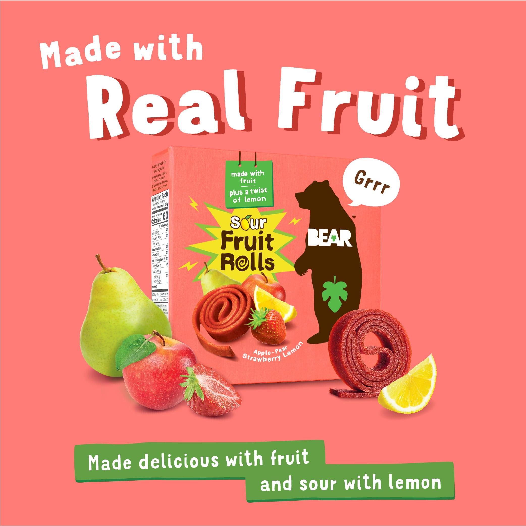 BEAR BEAR Sour - Real Fruit Yoyos - Strawberry-Apple - 0.7 Ounce (5 Count) - No added Sugar, All Natural, non GMO, Gluten Free, Vegan - Healthy on-the-go snack for kids & adults