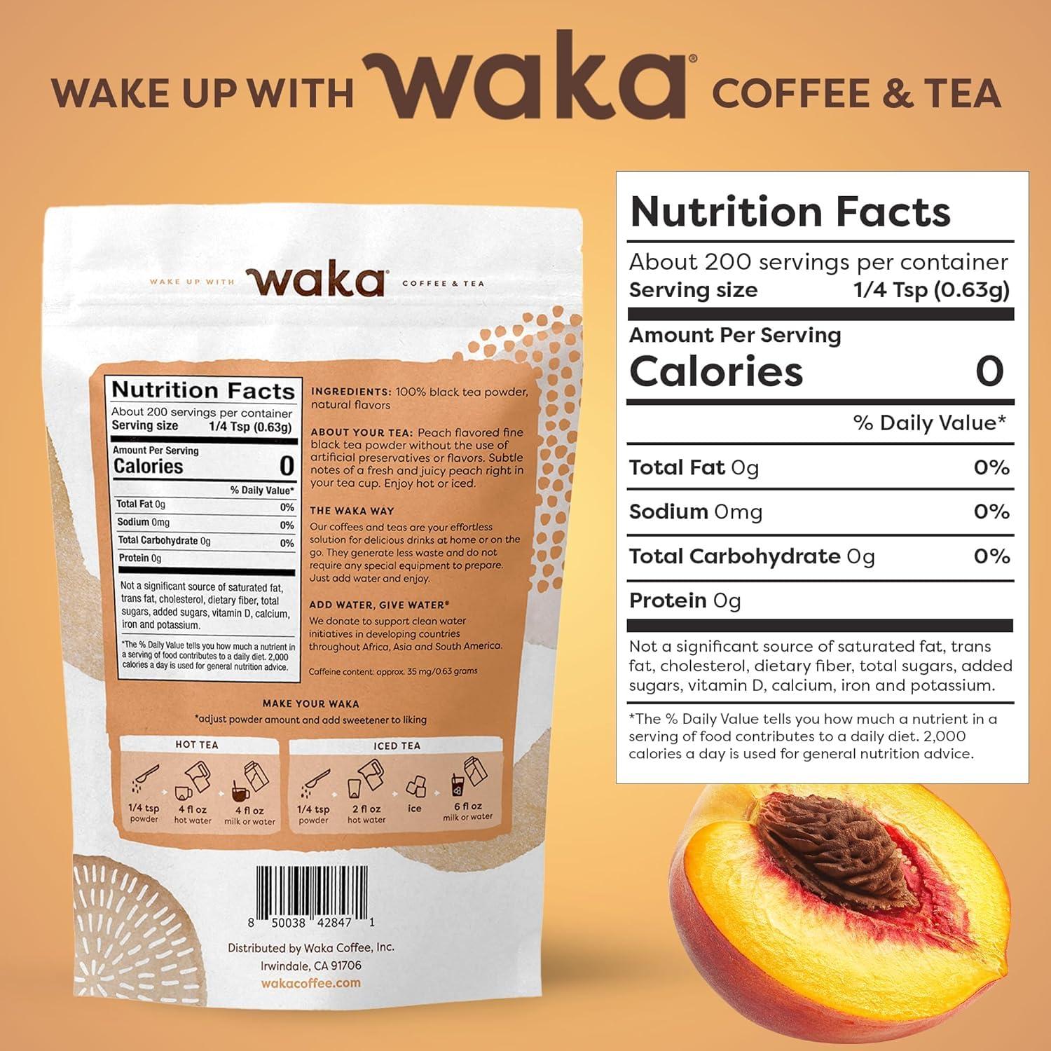 Waka Coffee Waka Instant Black Tea Mix, Peach Flavored - 100% Tea Leaves, No Additives, Unsweetened Tea Powder for 50 Quarts or 200 Cups Easy and Quick Hot or Iced Teas (4.5oz)