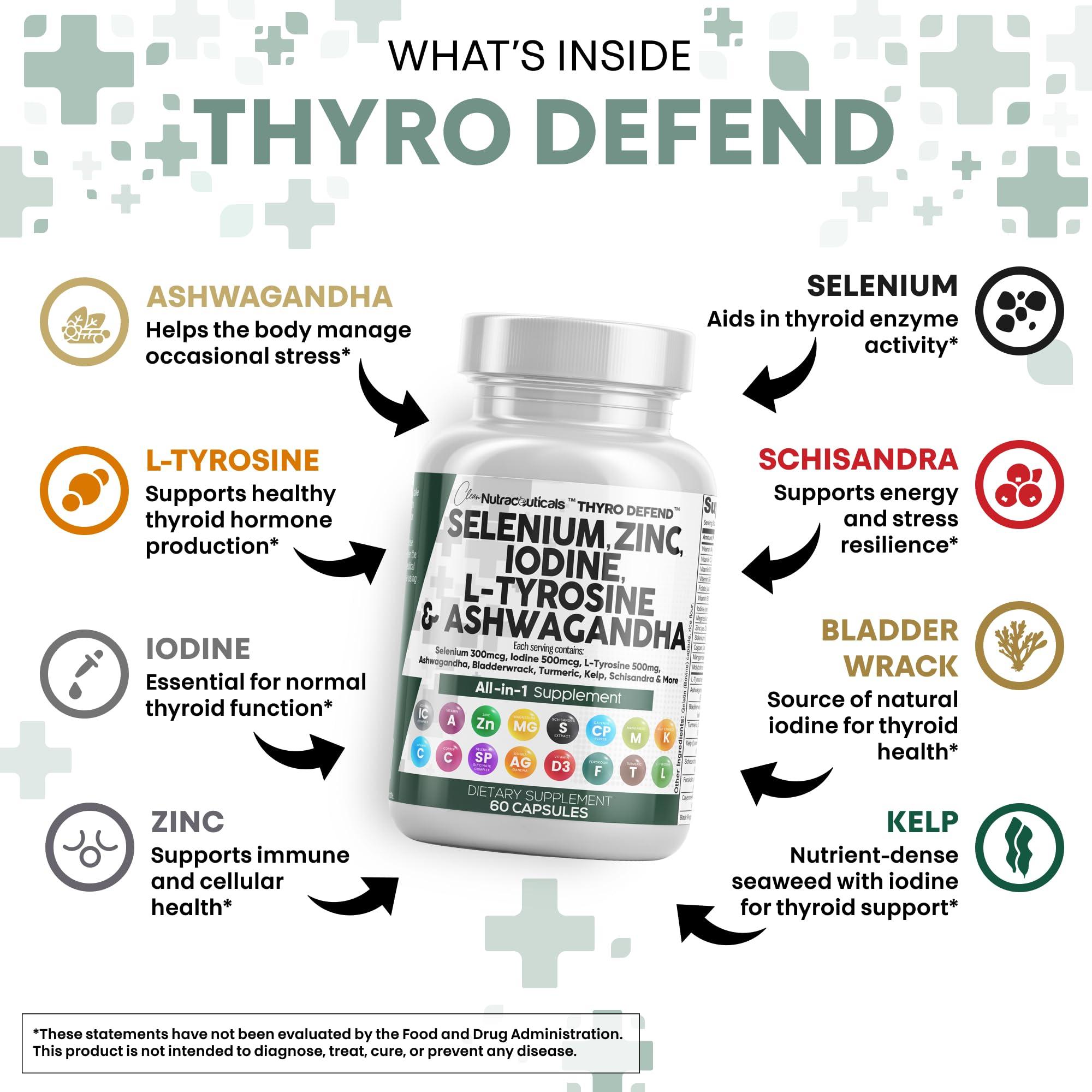 Clean Nutraceuticals Clean Nutra Selenium 300mcg Iodine 500mcg Thyroid Support for Women & Men | L Tyrosine 500mg Ashwagandha Supplement Bladderwrack, Turmeric, Kelp, Schisandra Zinc Pills Capsule Supplements