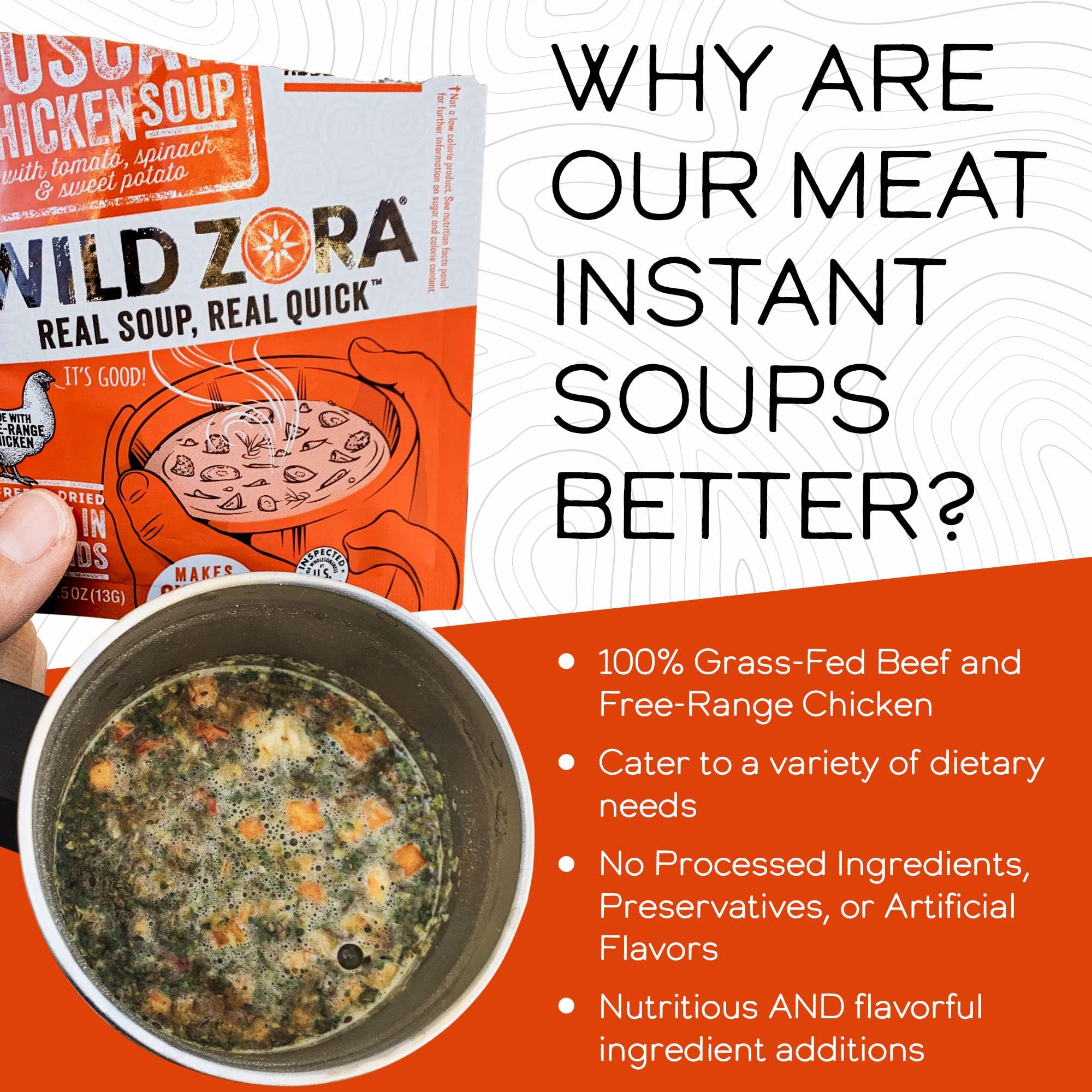 WILD ZORA Wild Zora Instant Keto-Friendly Soups 5-Pack Variety, Broth Made with Grass-Fed Beef, Free-Range Chicken, and Vegetables, Gluten-Free, Low Carb, No Added Sugar, Flavorful Pantry Staples - 0.5oz/13g