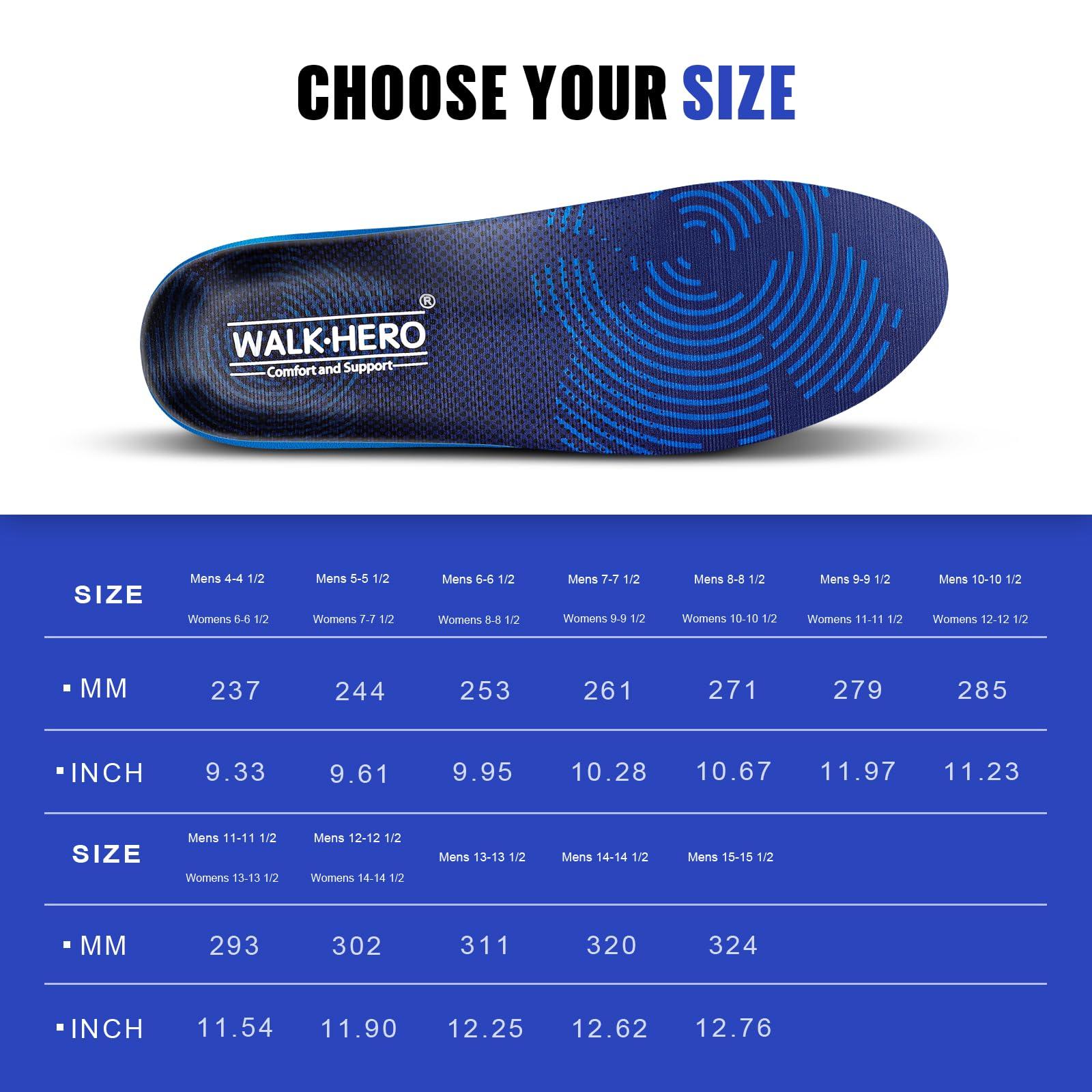 WALKHERO COMFORT AND SUPPORT WALKHERO Medium Arch Support Insoles - Cushioning Orthotic Insoles, Plantar Fasciitis Inserts for Men & Women to Relieve Foot Pain and Provide Shock Absorption (Blue) Mens 10-10 1/2