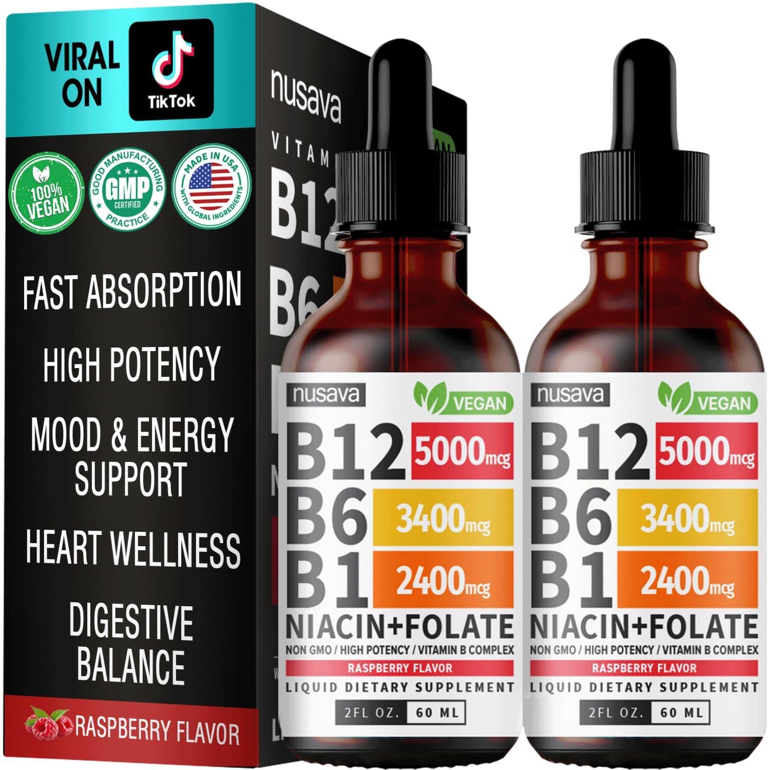 NUSAVA NUSAVA (2 Pack) Vitamin B12 and B6 Liquid Drops, Sublingual Vitamin B Complex B12 Methylcobalamin for Energy, Brain, Heart Support with 27,200 mcg, 80 Servings