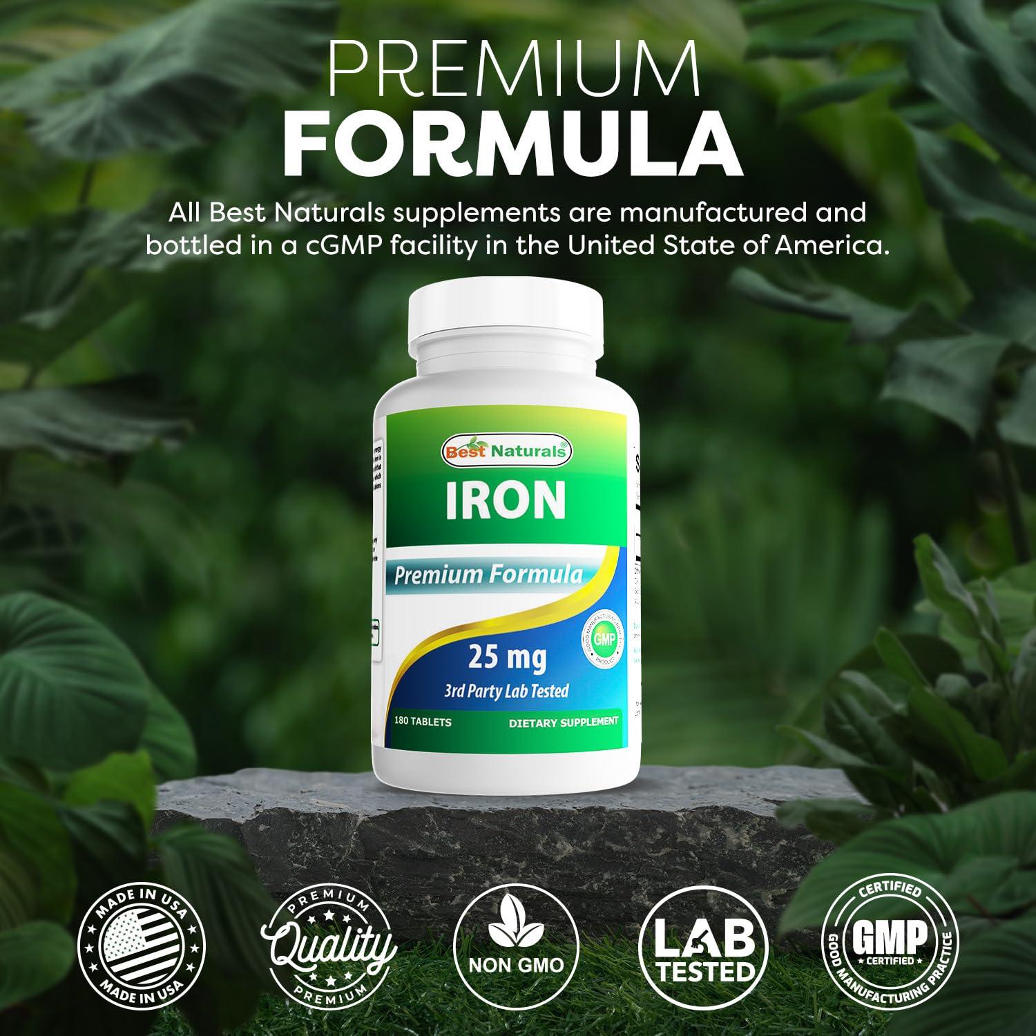 Best Naturals Best Naturals Iron Supplement (Iron Bisglycinate) - 25mg - 180 Tablets - Gentle of Stomach - Non-Constipating