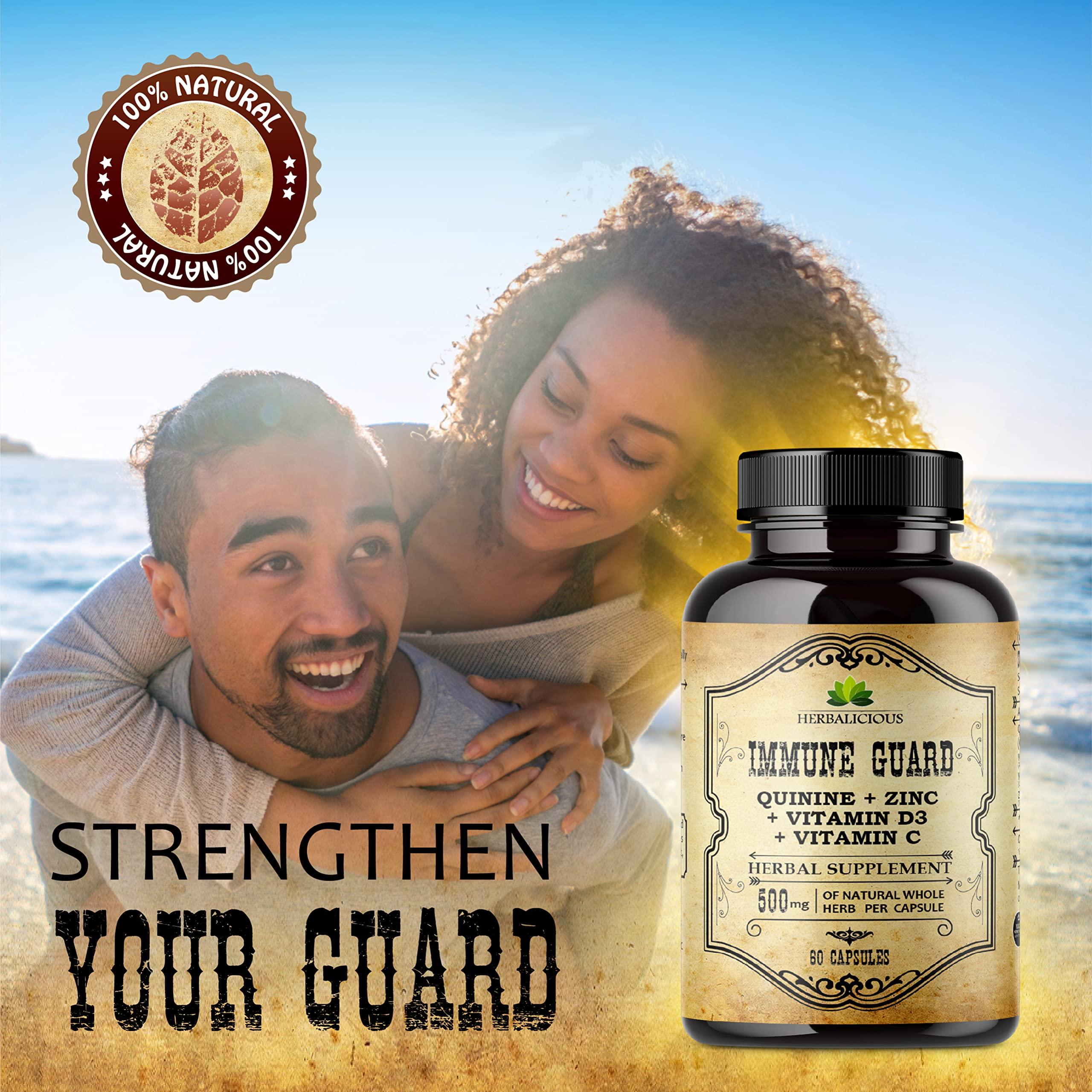 HERBALICIOUS HERBALICIOUS Quinine Immune Guard - Quinine Capsules Supplement with Vitamin C, D3, Zinc - for Muscle Cramps Relief & Stomach Wellness - Non-GMO Cinchona Bark Herbal Supplements - 500mg, 60 Capsules