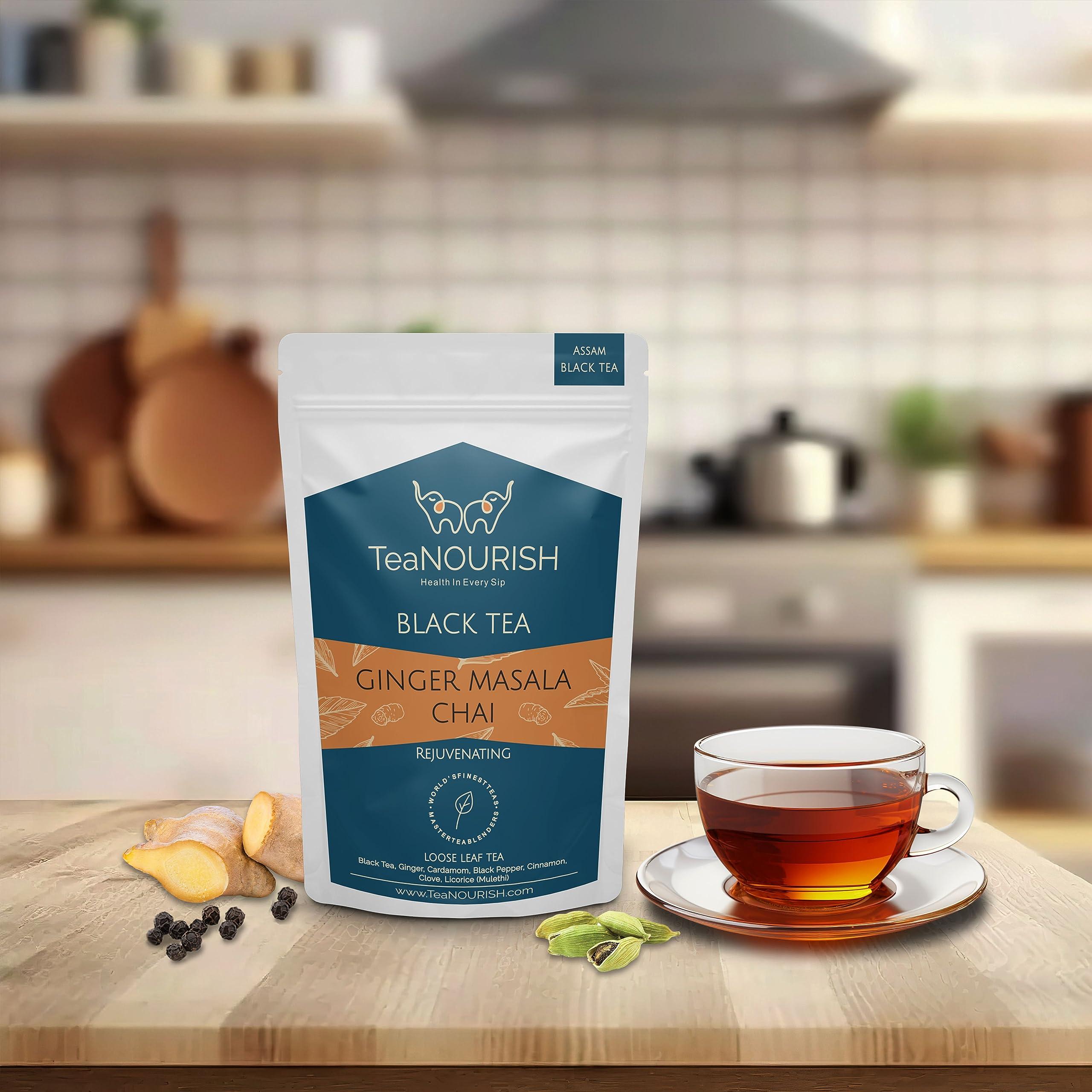 TEANOURISH TeaNOURISH Ginger Masala Chai Tea | Assam CTC Loose Black Tea | Blended with Authentic Indian Spices | Indian Ginger Tea | 100% NATURAL INGREDIENTS - 3.53oz/100g