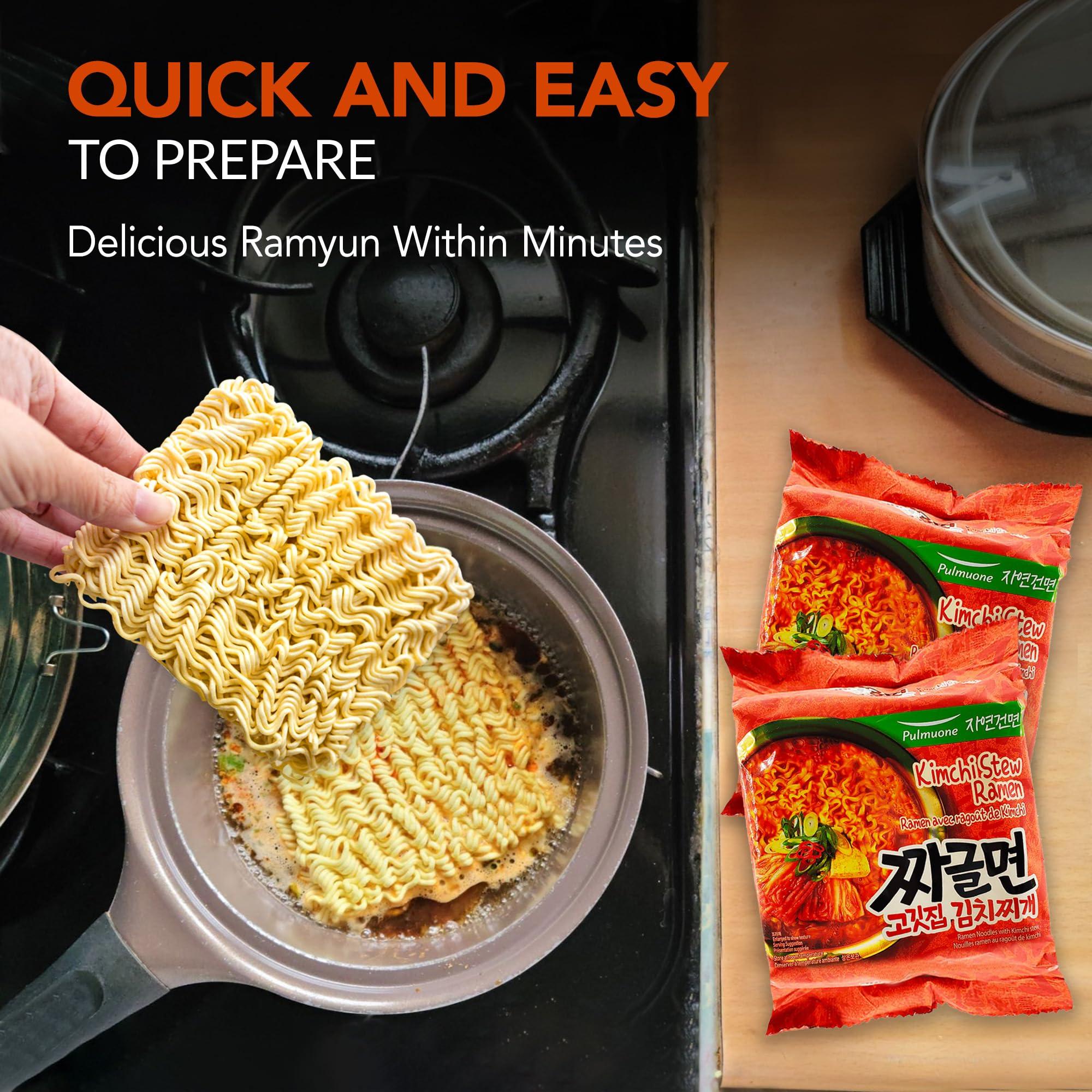 K-Munchies Pulmuone Non-Fried Ramyun Korean Noodles - 4 Pack Korean Instant Noodles Kimchi Stew Flavor - Easy to Cook Authentic Korean Ramen with Distinctly Asian Broth and Chewy Noodle