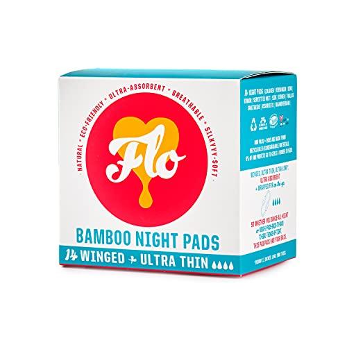 FLO FLO Organic Bamboo Period Pads for Women, Biodegradable, Winged, Feminine Care, Organic Menstrual Products, Plant-Based, Plastic-Free, Sanitary Napkins, Night Pads, Black-Owned, Compostable,14 Count