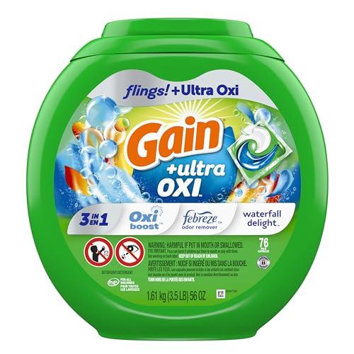 Gain Gain flings Ultra Oxi Laundry Detergent Pacs 3-in-1 HE Compatible, Waterfall Delight Scent, 76 Count