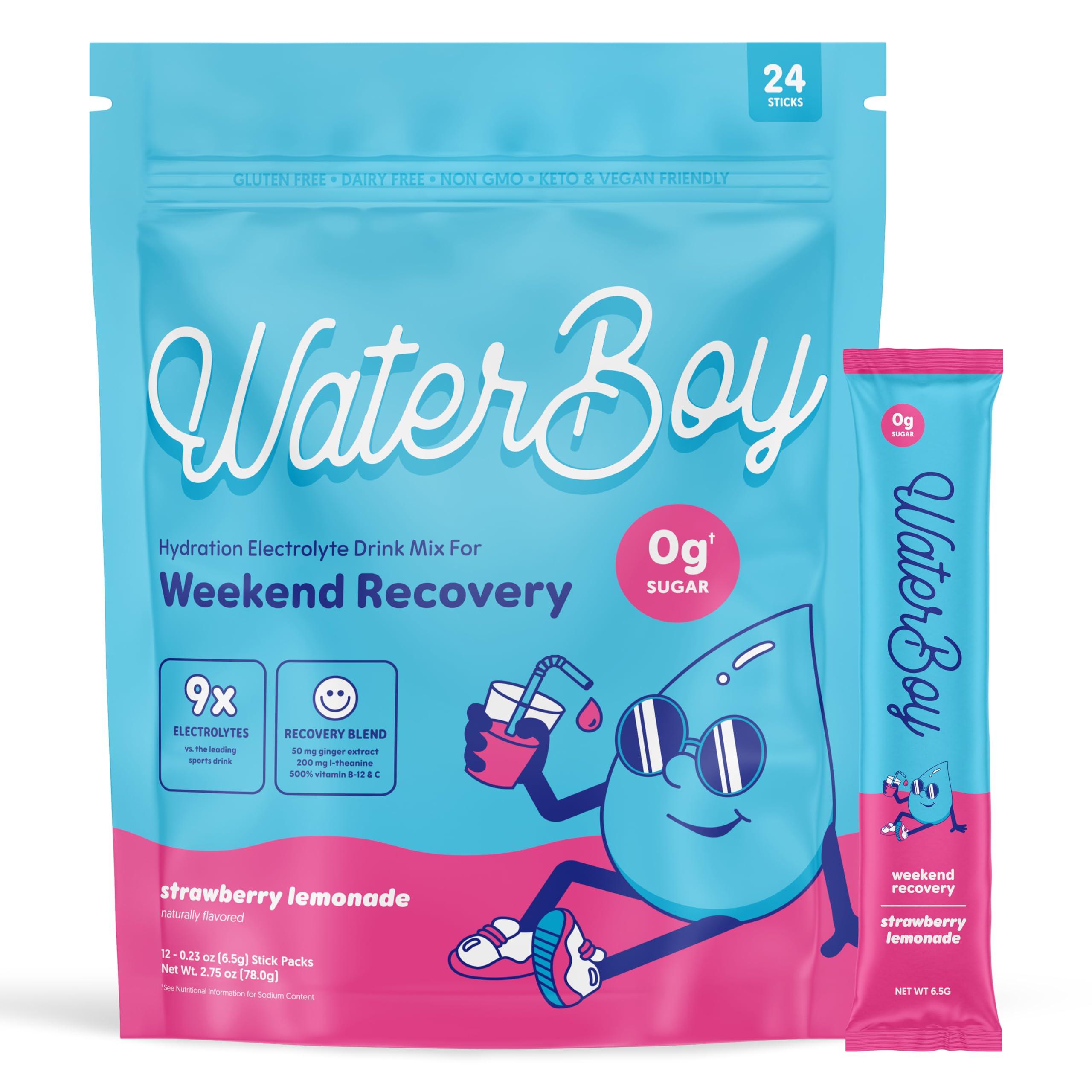 Waterboy Waterboy Weekend Recovery | 3,200mg Electrolyte Powder Packets | Ginger + L-Theanine + Vitamins | No Sugar, All Natural, Gluten Free | 24 Drink Stick Mixes (Strawberry Lemonade)