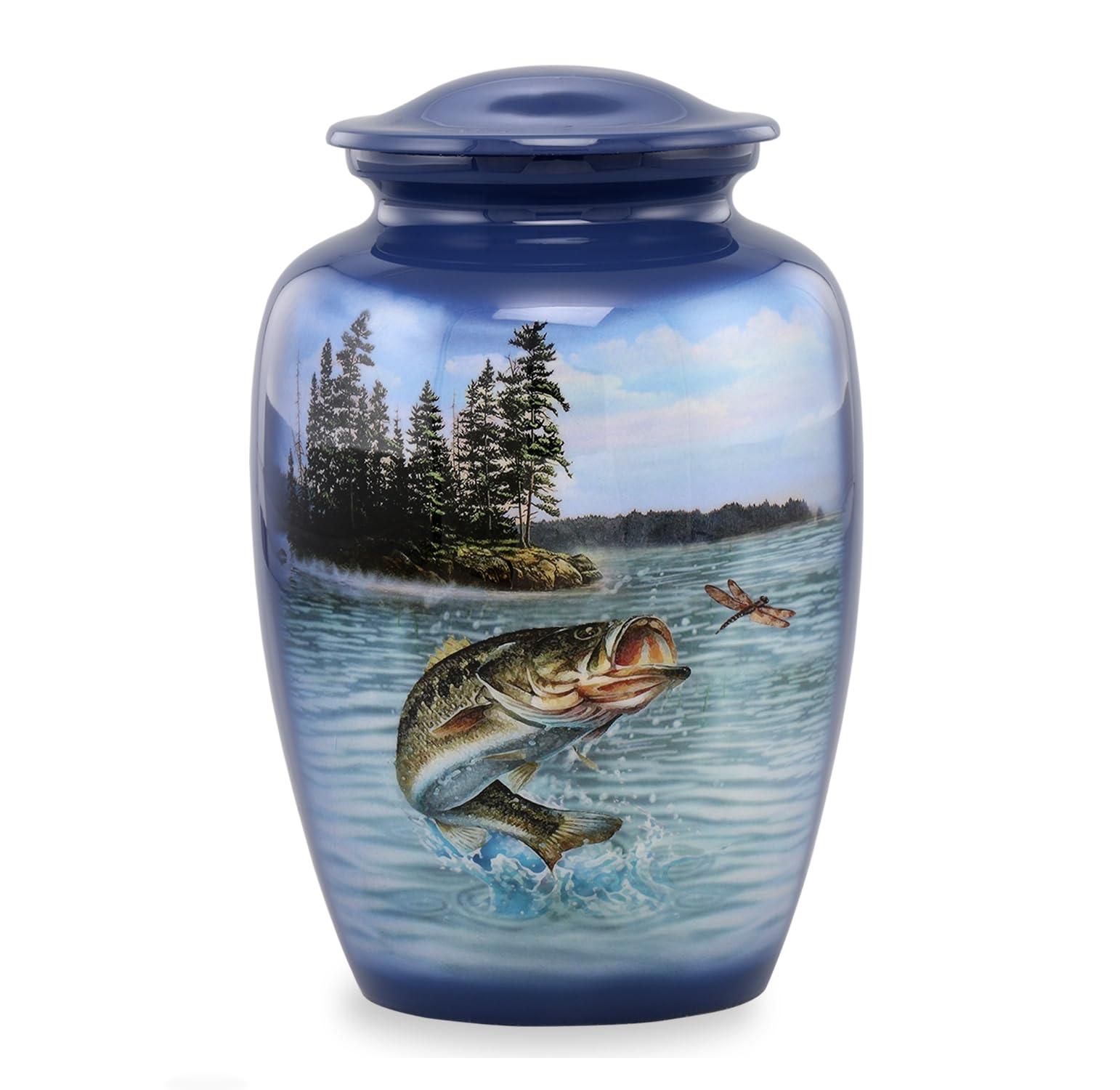 Immortal Memories Bass Fishing Large Urn - Cremation Urn for Human Ashes Male & Female - Heart Fishing Urn - Handcrafted Funeral Memorial Urn for Adults Urn Velvet Case & Bag (Large)