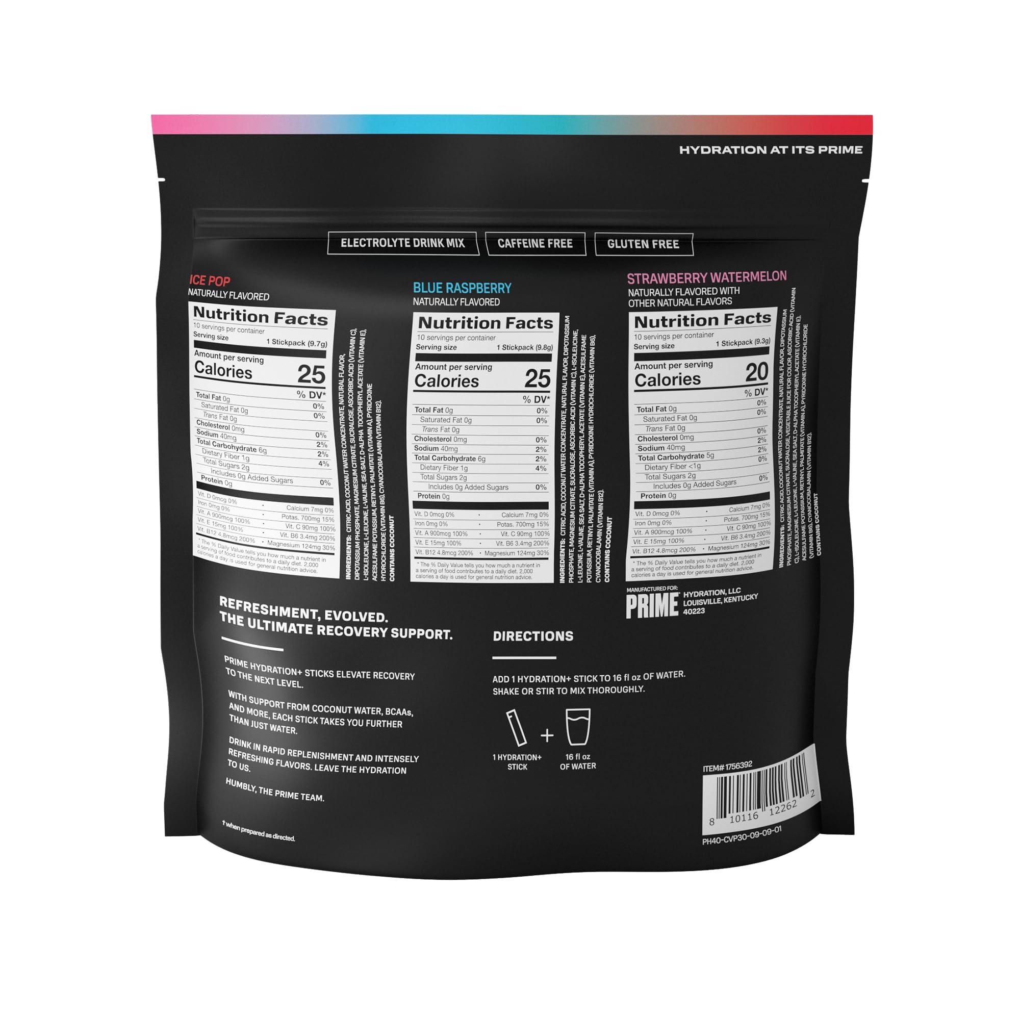 PRIME HYDRATION PRIME HYDRATION+ Sticks Variety Pack | Hydration Powder Single Serve Sticks | Electrolyte Powder On The Go | Low Sugar | Caffeine-Free | Vegan | 30 Sticks