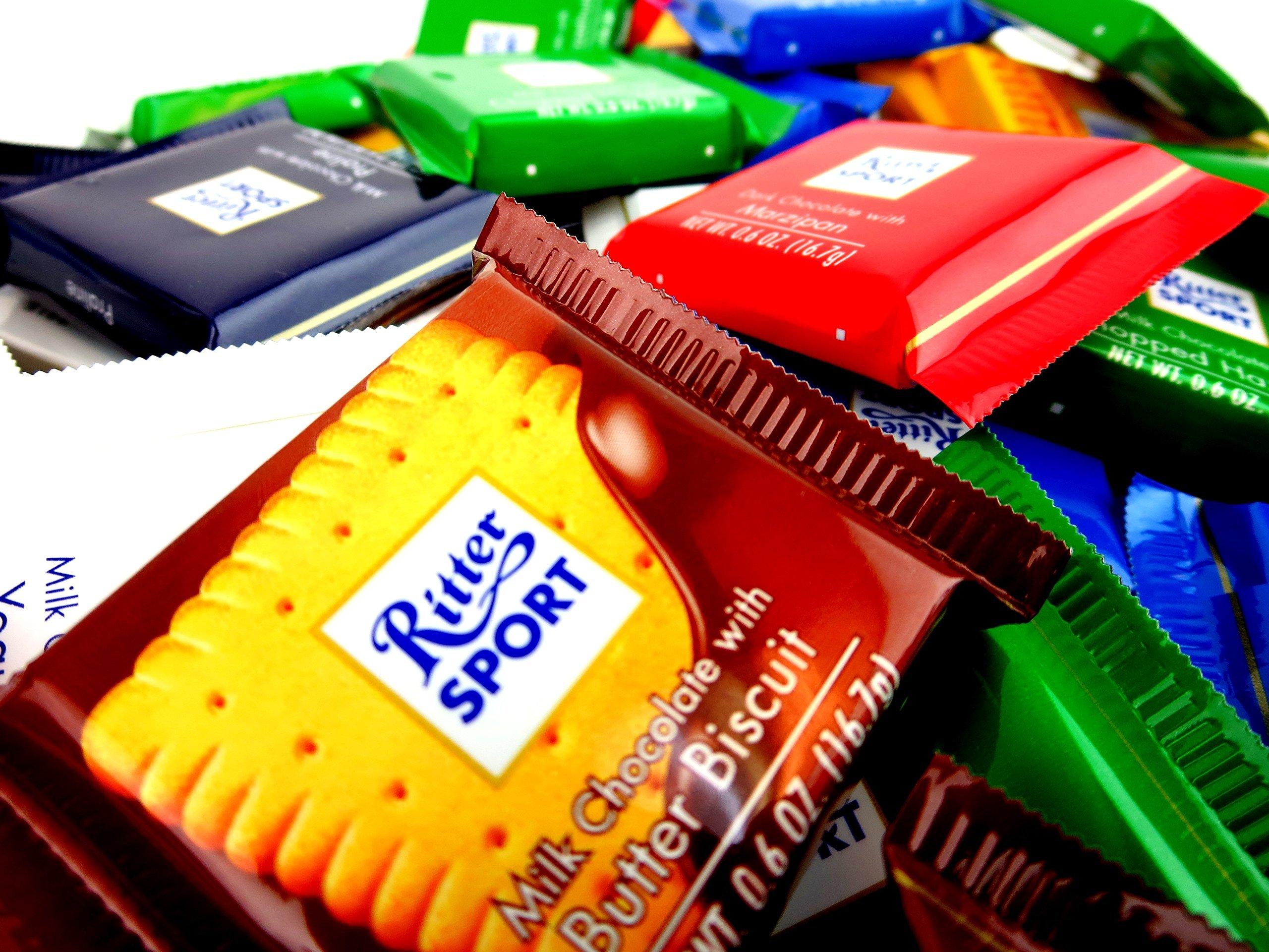 Black Tie Mercantile Ritter Sport Assorted Mini Chocolate Squares, 1 lb Bag in a BlackTie Box