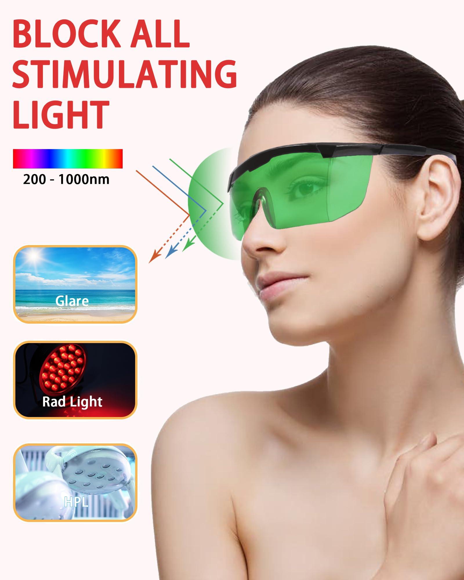 LIGHTMEUP Red Light Therapy Glasses, See-Through Eye Protection for Red Infrared 200-2000nm Full-Coverage Design Adjustable Fit Transparent Green Lenses for Phone & TV Use During Therapy Sessions Pack of 2