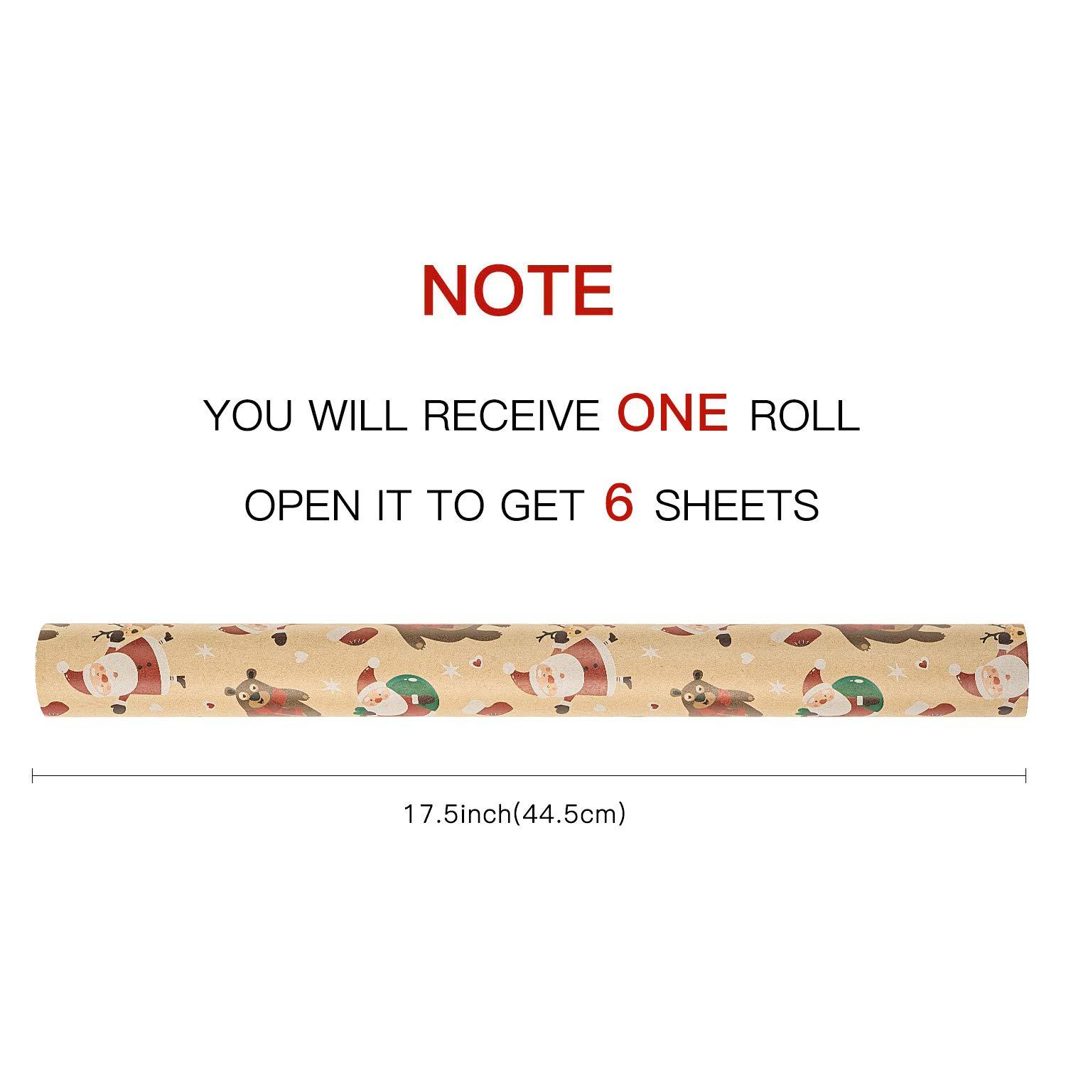 RUSPEPA RUSPEPA Christmas Kraft Wrapping Paper Santa Claus Xmas Theme Elements Great for Christmas, Birthdays, Holiday, Baby Shower - 6 Sheets Packed as 1 roll - 17.5 x 30 inches per Sheet