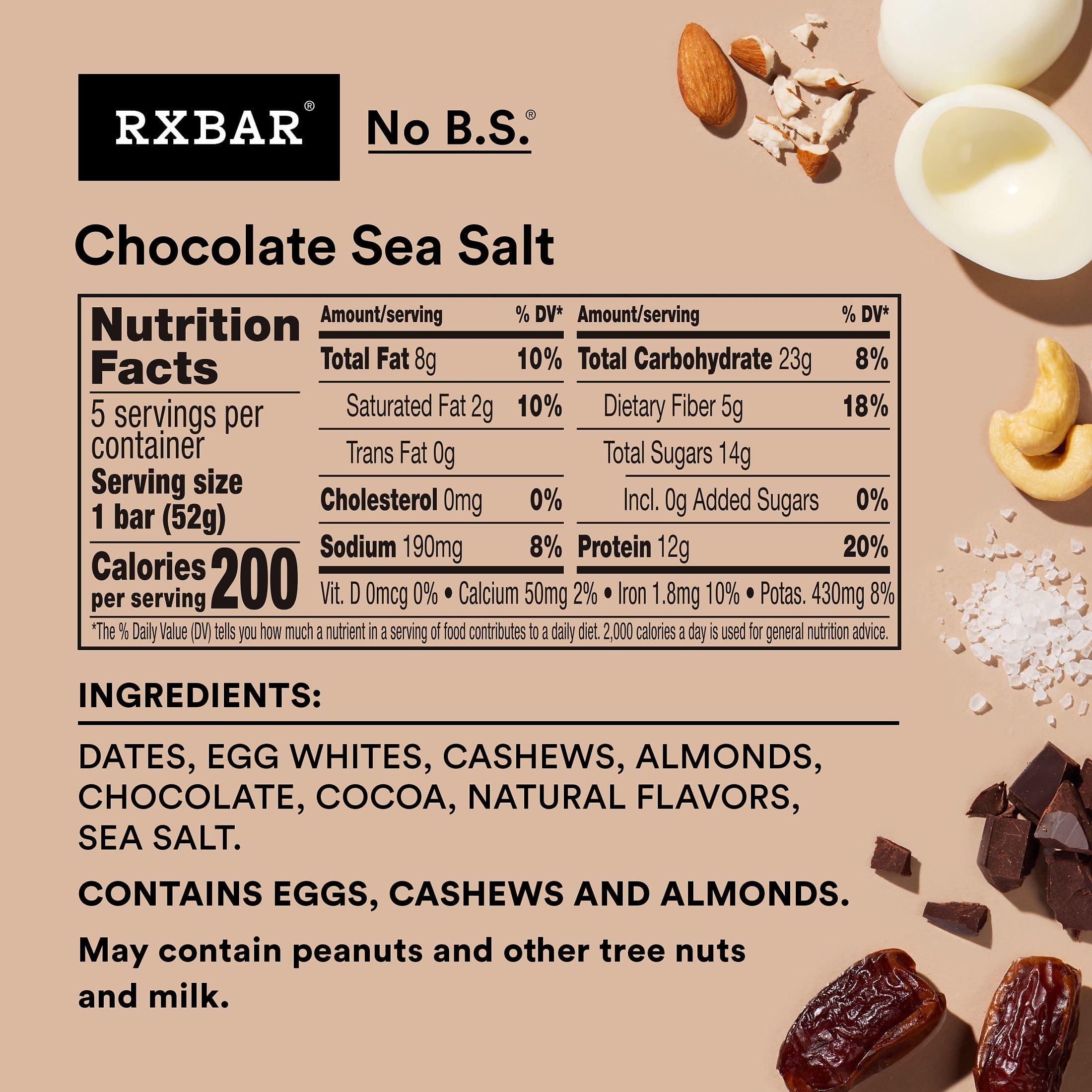 RXBAR RXBAR Protein Bars, 12g Protein, Gluten Free Snacks, Chocolate Sea Salt (6 Boxes, 30 Bars)