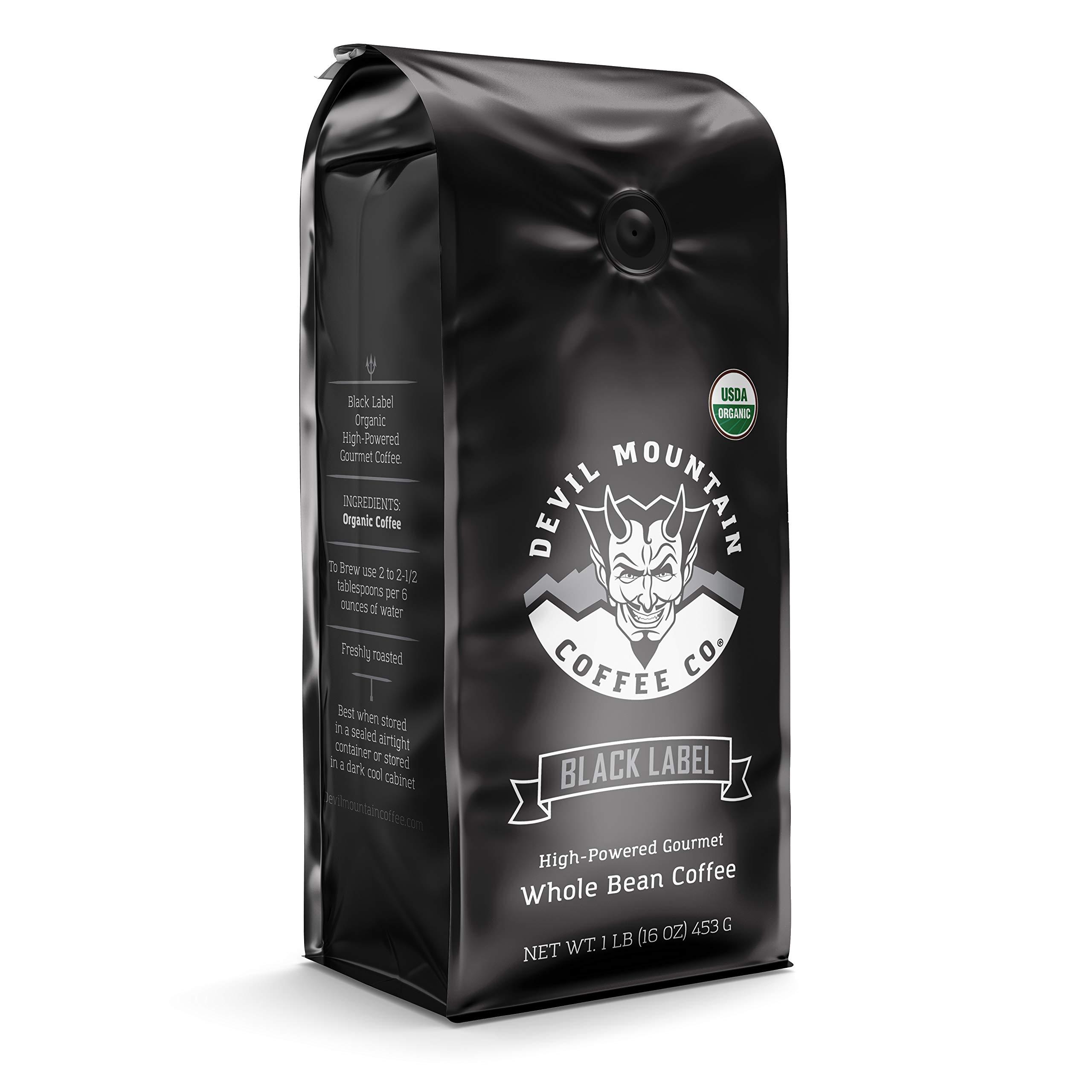 Devil Mountain Coffee Devil Mountain Coffee Black Label Dark Roast Whole Bean Coffee, Strong High Caffeine Coffee Beans, USDA Organic, Fair Trade, Gourmet Artisan Roasted, Strongest Coffee in the World, 16 oz Bag