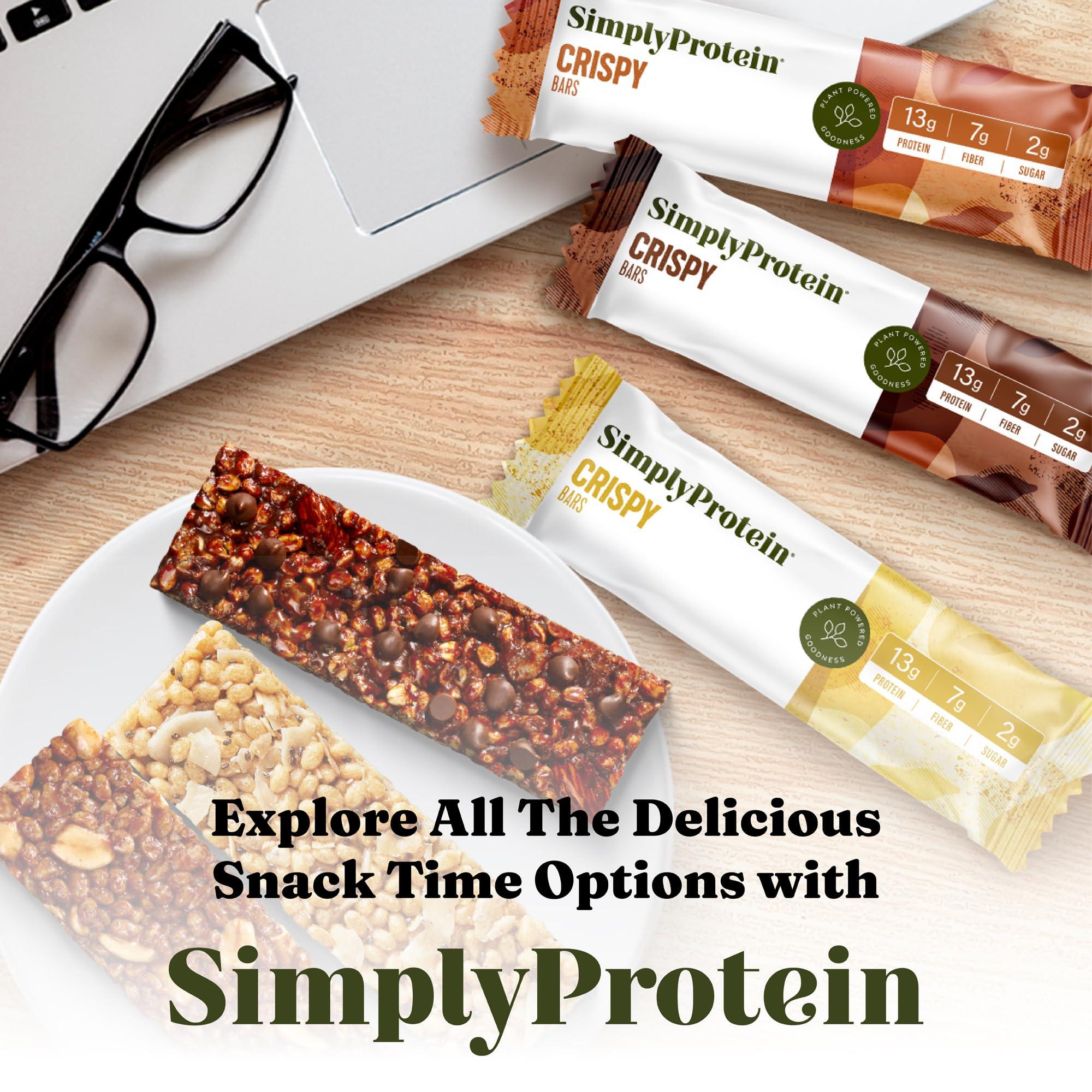 Simply Protein Simply Protein - Dark Chocolate Almond Crispy Bars - Plant Based Protein Bars - Low Carb, Low Sugar, High Fiber - 13g Protein, 2g Sugar, 7g Fiber - Vegan, Gluten Free, Non GMO, Kosher - 8 Bars