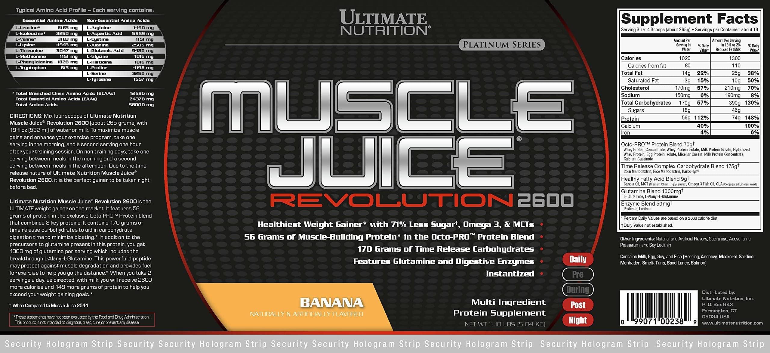 Ultimate Nutrition Ultimate Nutrition Muscle Juice Revolution 2600 Weight Gainer, Muscle Recovery with Glutamine, Micellar Casein and Time Release Complex Carbohydrates, Banana Protein Powder, 11.1 Pounds