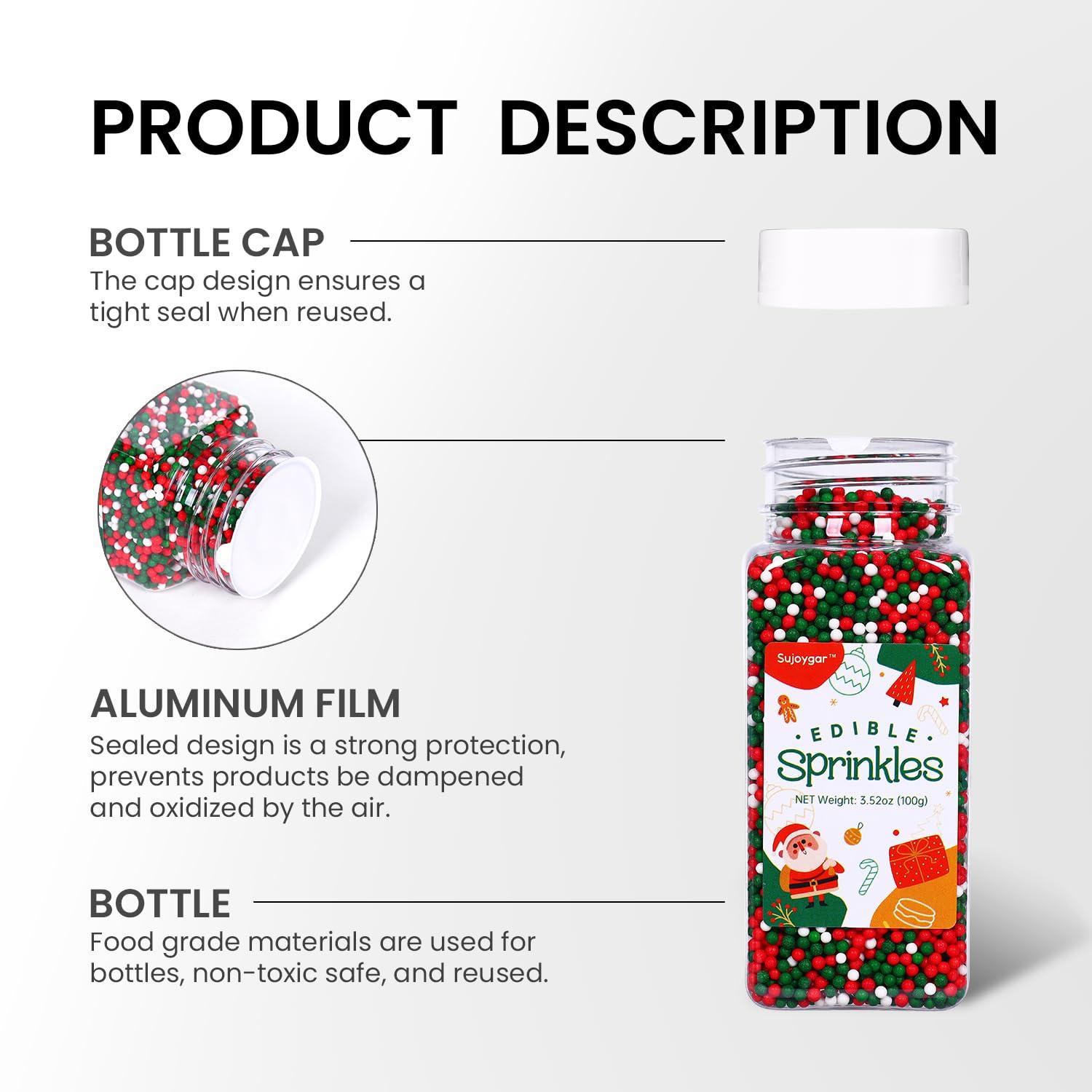 Sujoygar Christmas Nonpareils Sprinkles, 3.52oz Christmas Sprinkles for Cake Decorating, Edible Round Sprinkles for Cupcake Toppers Baking Cookie Ice Cream Dount Chocolate, Food Grade