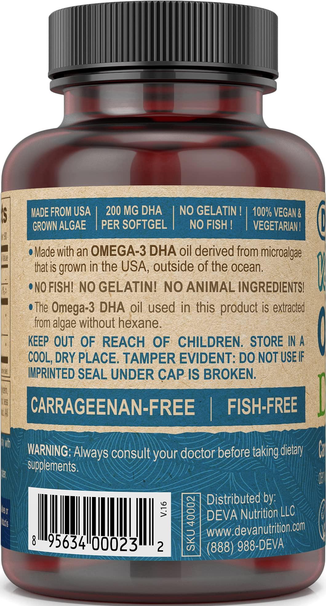 Deva Vegan Vitamins DEVA Vegan Omega-3 DHA Supplement - Once-Per-Day Softgels 200 MG - Carrageenan Free - Gelatin Free - Non-Fish - Algae Oil Omega-3 Fatty Acids - 90 Softgels