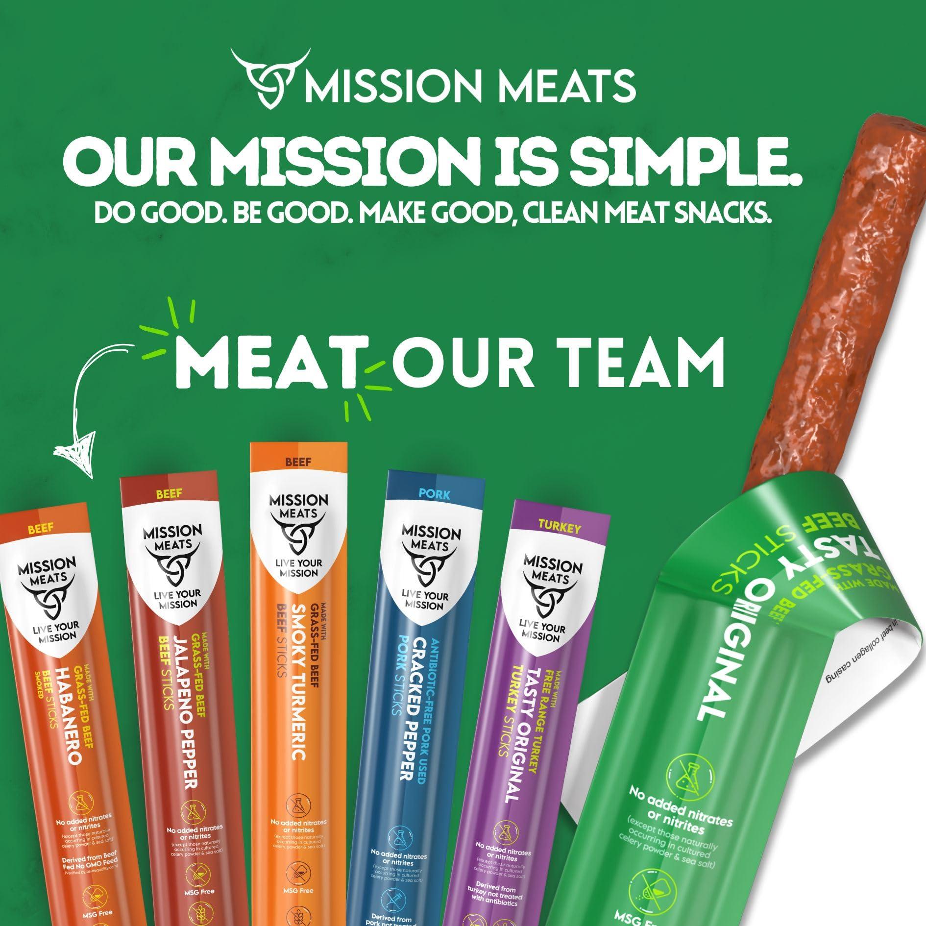 EST. 2015 MISSION MEATS Mission Meats Beef Sticks 100% Grass Fed & Pasture Raised, Zero Sugar, Gluten Free, Meat Sticks Individually Wrapped, Healthy Snacks, Whole 30 & Paleo Friendly, Jalapeno 1oz (Pack of 24)
