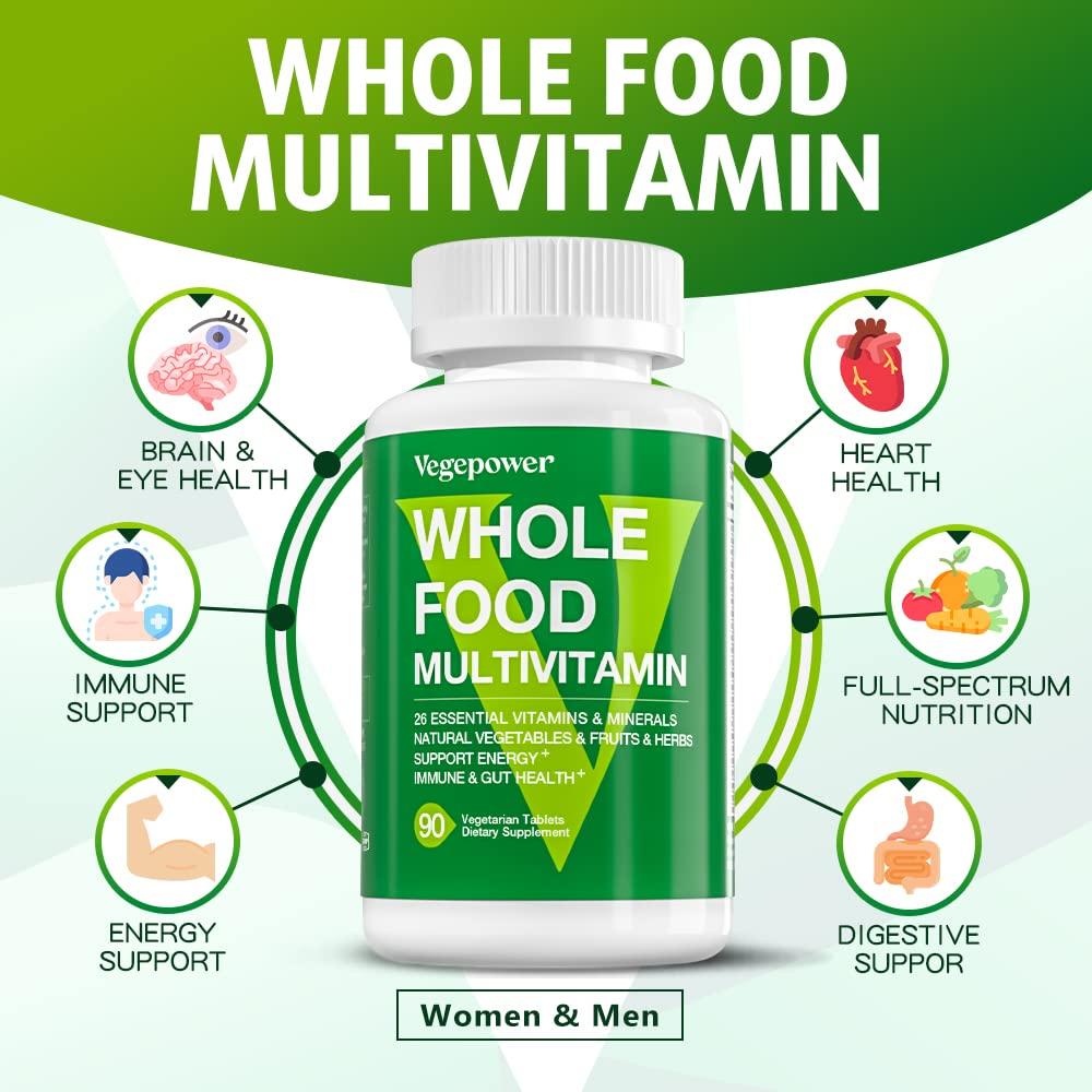 VEGEPOWER Whole Food Multivitamin for Men Women - with 65+ Vitamins, Minerals, Organic Nature Powder & Extracts - Whole Food Supplement for Energy, GUT, immune Health - All Natural, Non-GMO 90 Vegan tablets