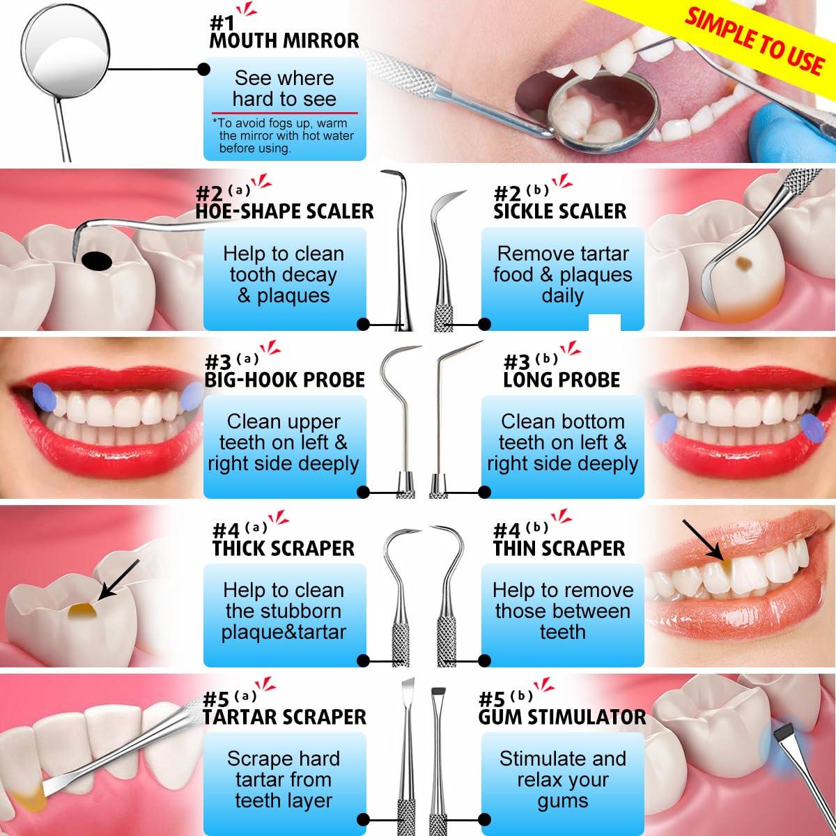 G.CATACC G.CATACC Dental Tools, 10 Pack Professional Plaque Remover for Teeth Cleaning Tools Set, Stainless Steel Dental Hygiene Kit with Dental Picks, Tartar Scraper, Tooth Scraper, Tongue Scraper- with Case