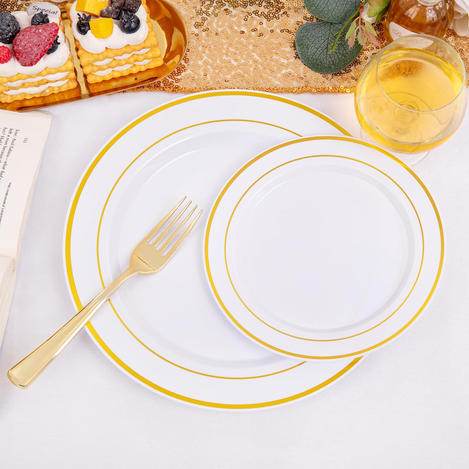 I00000 200 Pcs Gold Plastic Plates - Disposable Party Plates, Gold Plates Disposable Include 100 Dinner Plates and 100 Elegant Dessert Plates, Plastic Plates for Party, Holiday, Wedding & Birthday