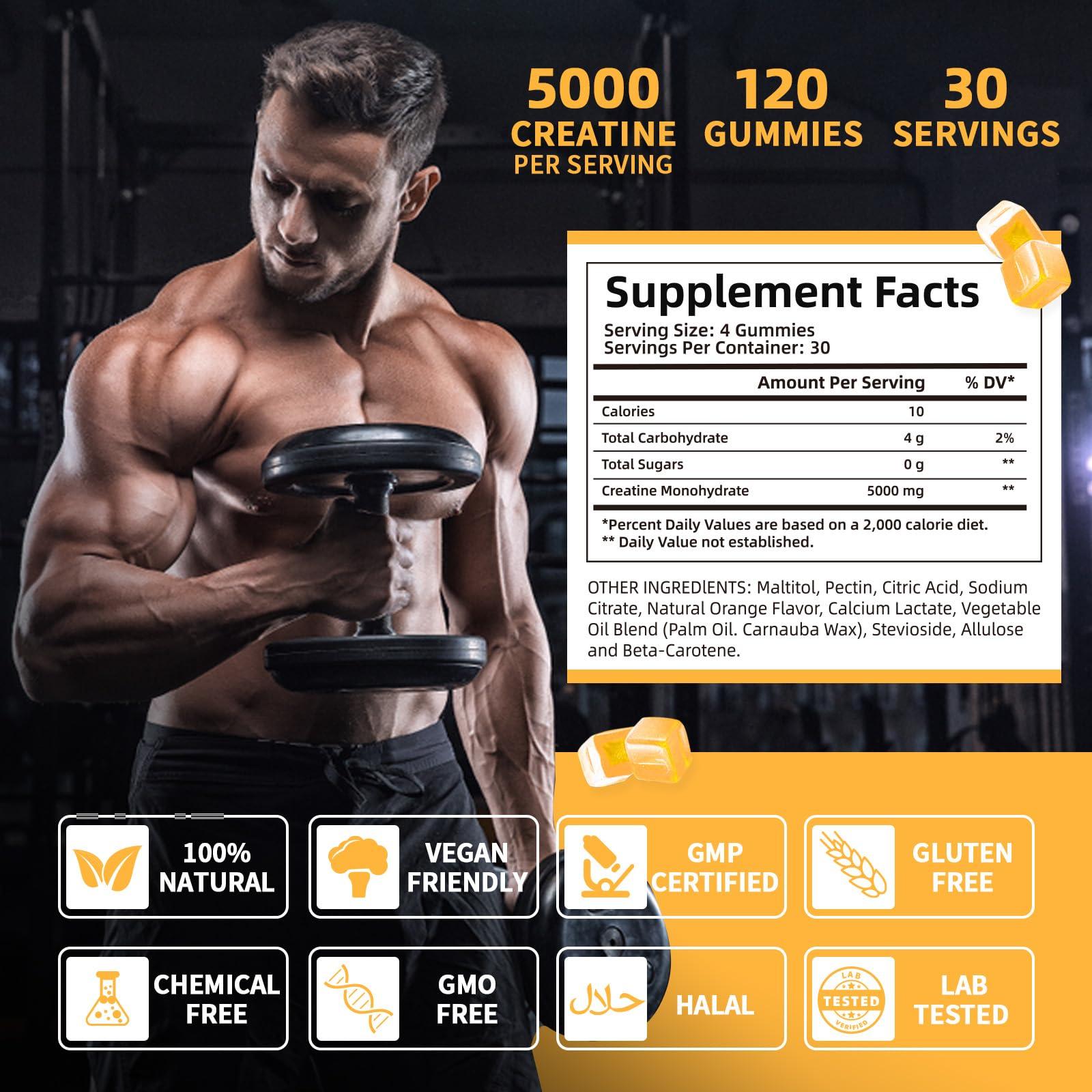 Wellcatcher Creatine Monohydrate Gummies for Men Women - Vegan Creatine Supplement Gummies 5000mg Chewable for Muscle Strength Growth Recovery, Lab Tested Preworkout Gummies Sugar Free Orange Flavor 120ct