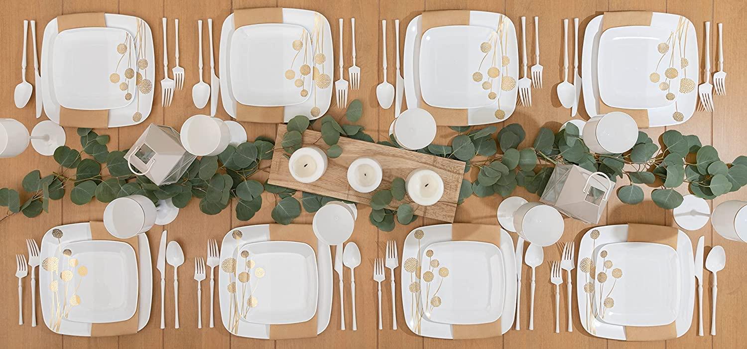 EcoQuality EcoQuality 6\" inch Square White Plastic Plates Dessert Plate with Gold Dandelion China Like Party Plates, Premium Heavy Duty Small Disposable Salad Plate Weddings, Catering, Non Toxic (120 PACK)