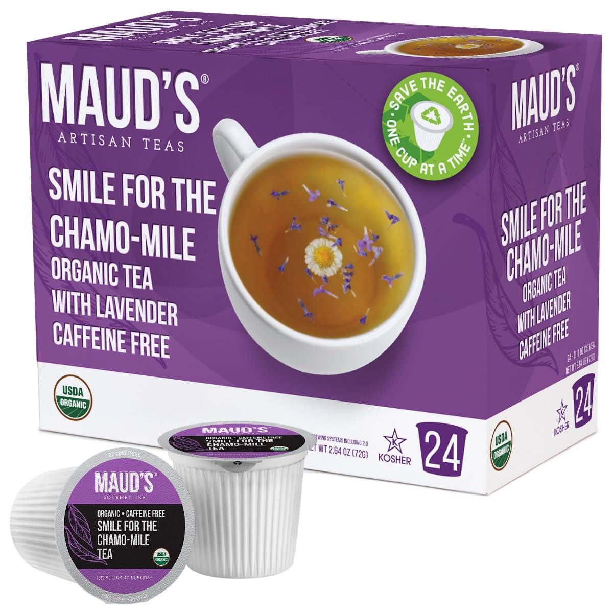 MAUD'S Maud's Organic Chamomile Lavender Tea (Smile For The Chamo-mile) 24ct. Solar Energy Produced Recyclable Single Serve Decaf Tea Pods – 100% Organic Caffeine Free Tea California Blended, KCup Compatible