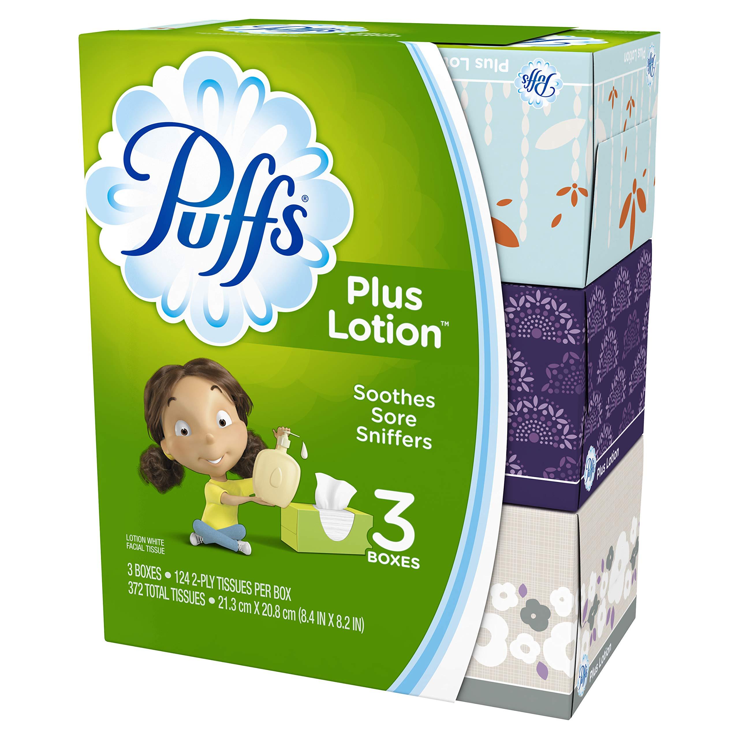 Puffs Puffs Plus Lotion Facial Tissues, 3 Family Boxes, 124 tissues per box, 372 Count