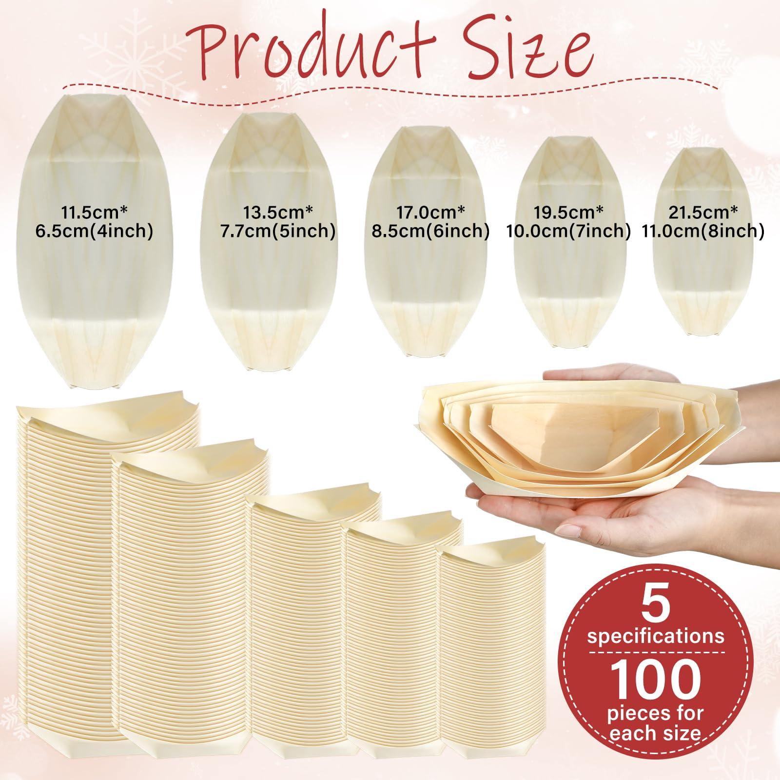 Hoolerry Hoolerry 500 Pcs Disposable Wood Boat Plates Dishes Food Boats Disposable Bamboo Leaf Boat Wooden Boat Dish Sushi Boat Sushi Serving Tray Food Container Wood Bowl for Catering Home (Multiple Sizes)