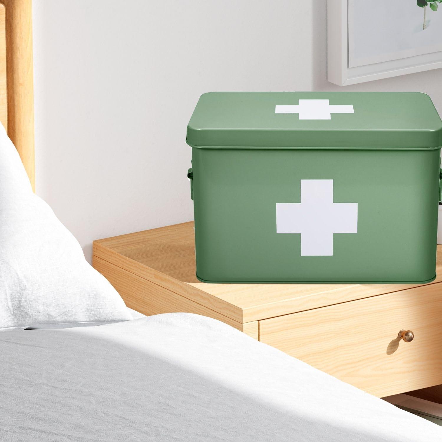 Flexzion Flexzion First Aid Box Organizer - Empty 13\" Green Vintage First Aid Kit Tin Metal Medical Box - First Aid Storage Box Container Bins with Dividers, Removable Tray and White Cross Logo