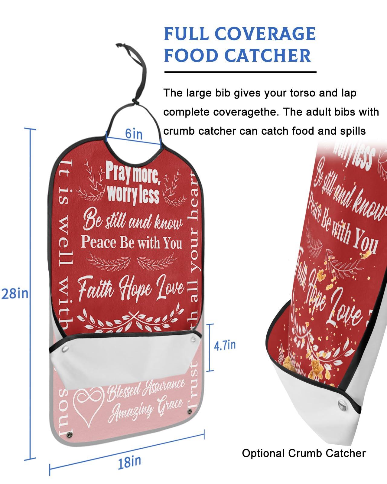 QueenKer Adult Bibs for Eating, Pray More, Worry Less Touching Quotes Red Background Waterproof Clothing Protector Washable Adult Bib with Crumb Catcher for Elderly Men and Women Seniors