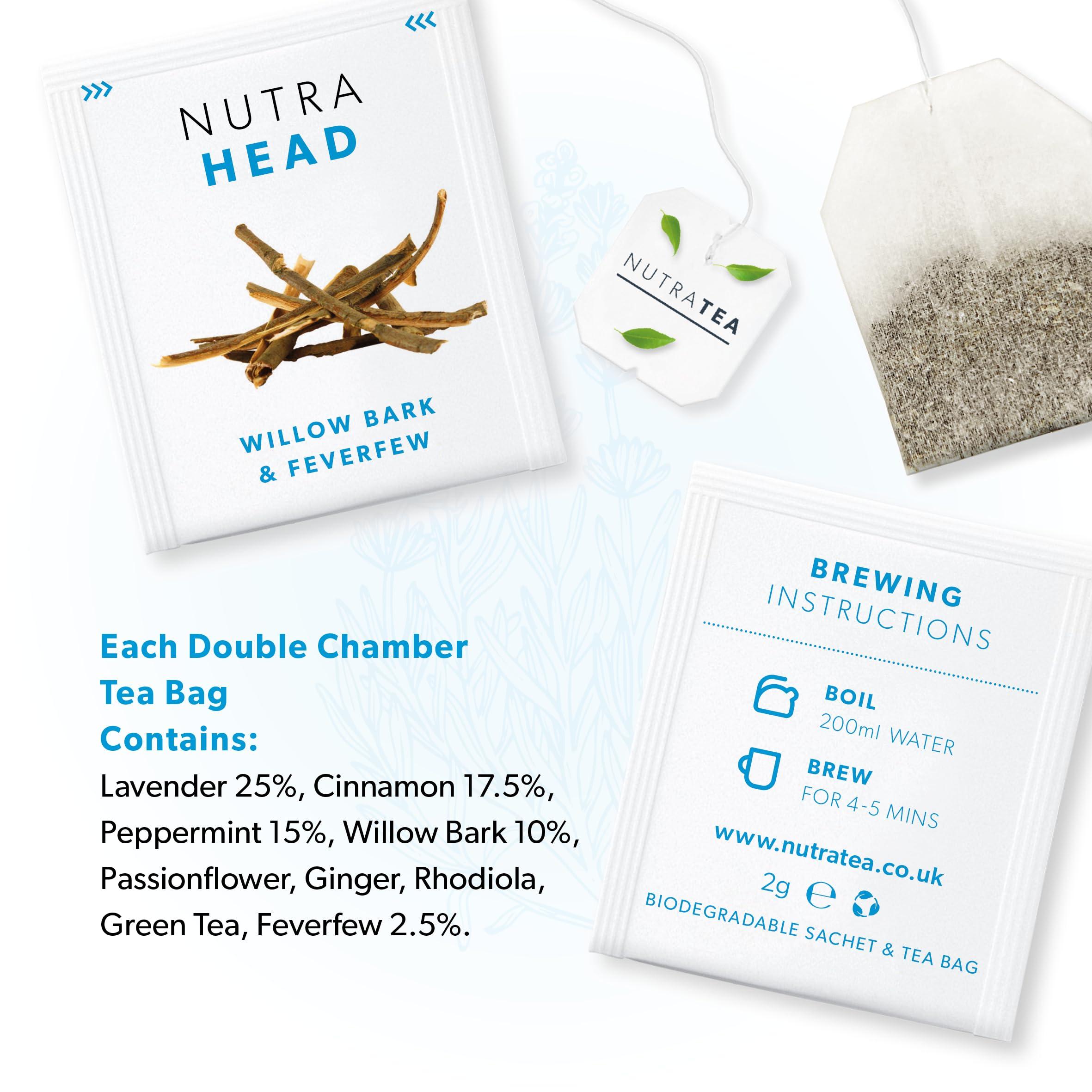 Nutra Tea NUTRAHEAD - Migraine Relief Tea | Headache Relief Tea - For Migraine & Tension Headache Relief - Includes Feverfew,Willow Bark & Rhodiola - 60 Enveloped Tea Bags - by Nutra Tea - Herbal Tea - (3 Pack)