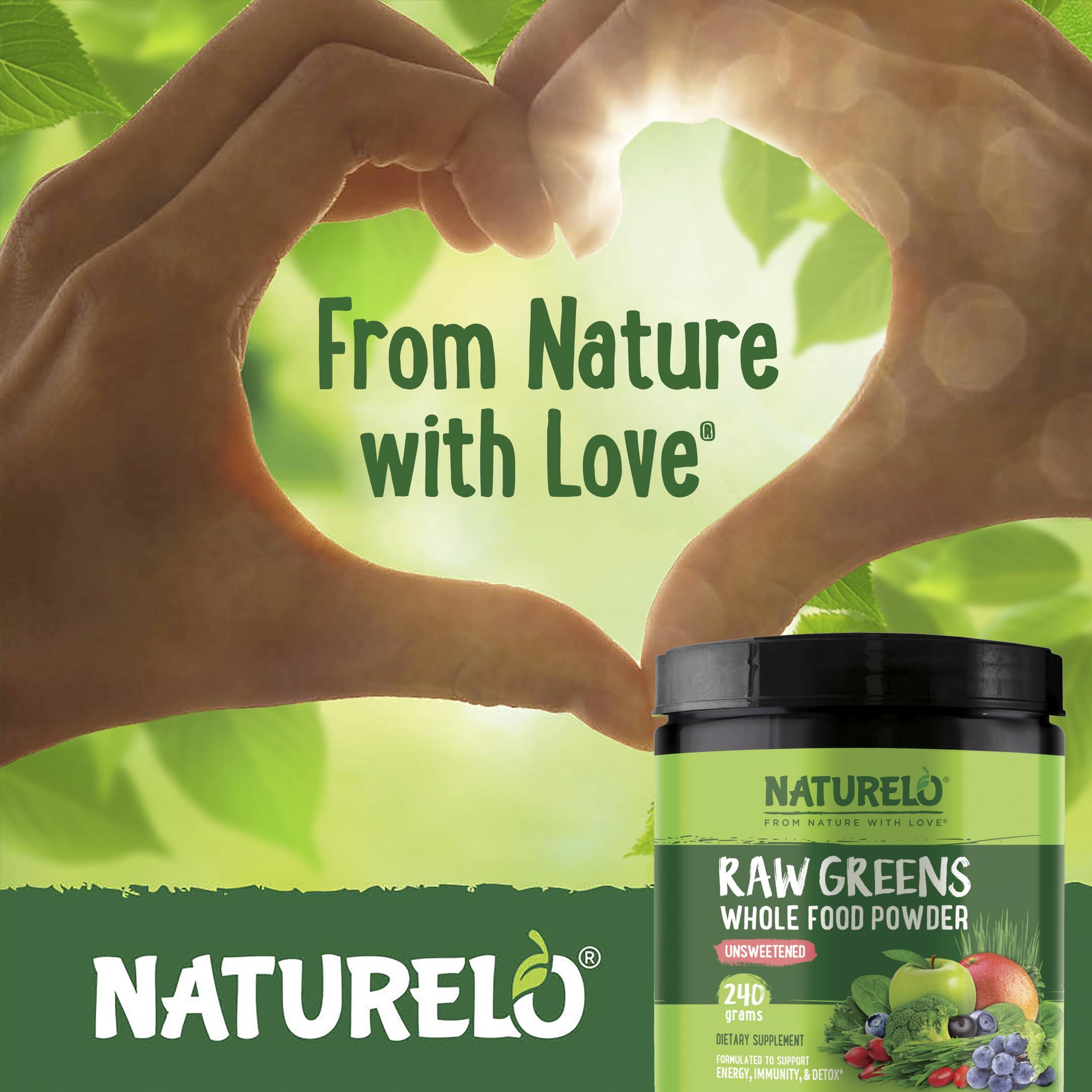 NATURELO NATURELO Raw Greens Superfood Powder - Unsweetened - Boost Energy, Detox, Enhance Health - Organic Spirulina - Wheat Grass - Whole Food Nutrition from Fruits and Vegetables - 240 Grams
