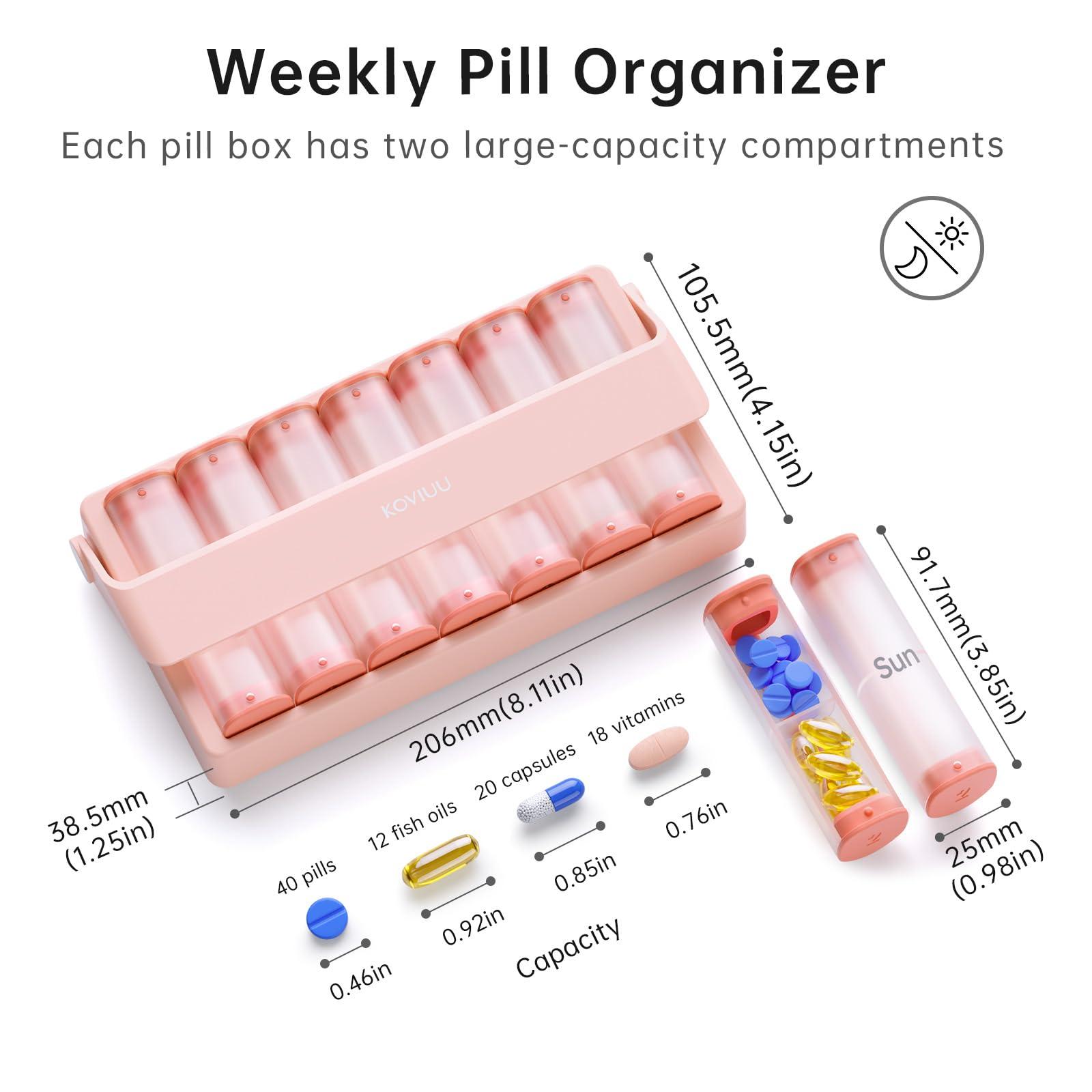 KOVIUU Weekly Pill Organizer 2 Times a Day, KOVIUU Large Travel Pill Box 7 Day, Am Pm Twice Daily Pill Case with Rotatable Handle, Pill Holder Container for Vitamin, Medicine, Supplement, Fish Oil, Pink