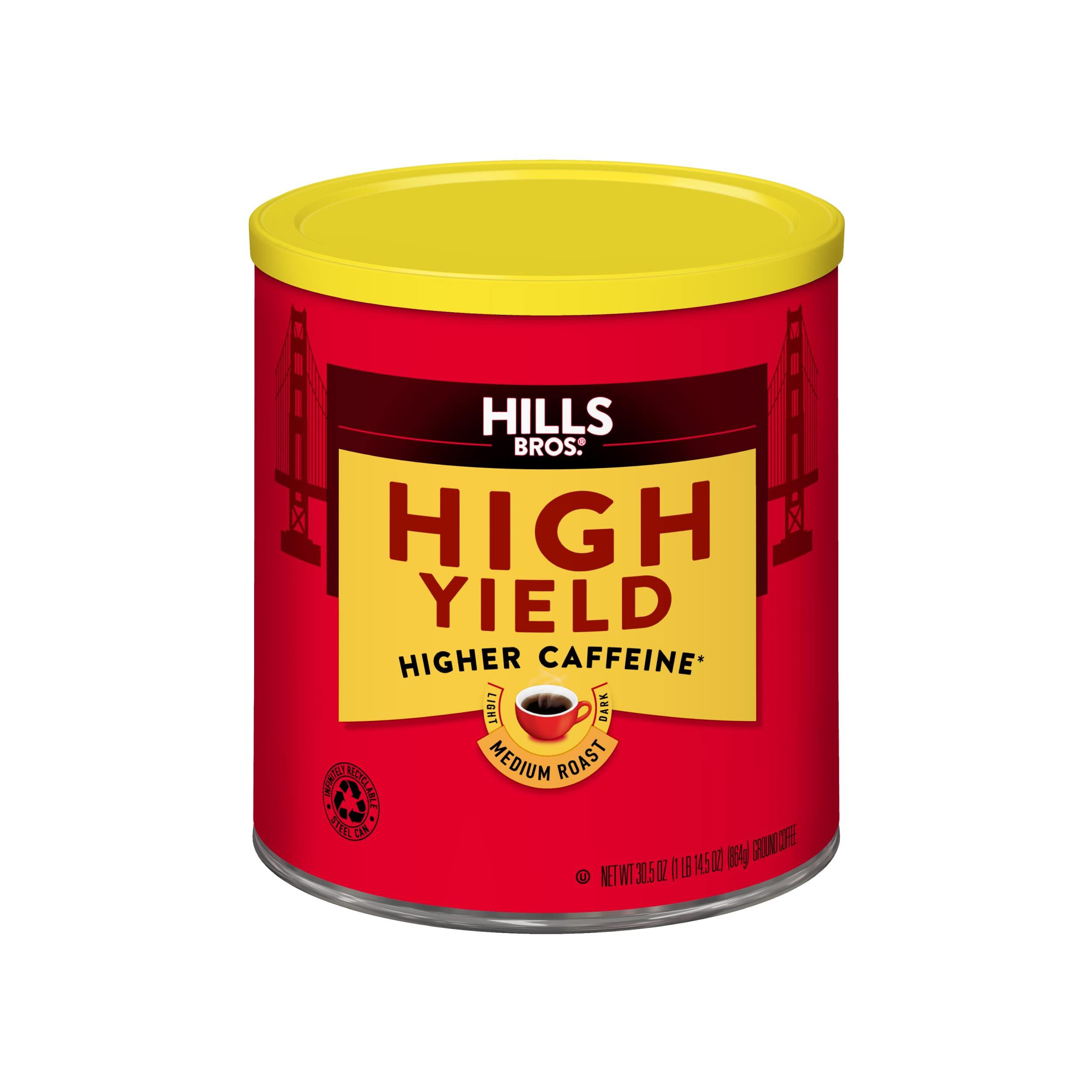 Hills Bros Hills Bros High Yield Ground Coffee, Medium Roast, 30.5 Oz. Can – Full-Bodied Rich Coffee Taste, Balanced for Optimum Caffeine