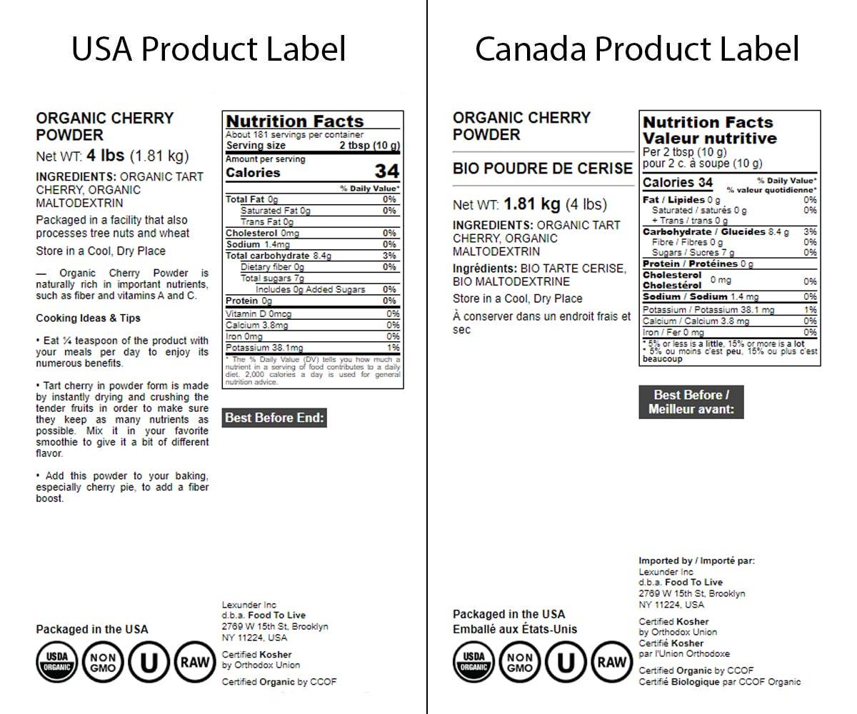 Food to Live Food to Live Organic Tart Cherry Powder, 4 Pounds Non-GMO, Raw, Kosher, Vegan Superfood, Bulk, Rich in Antioxidants, Great for Juices, Drinks, and Smoothies, Contains Maltodextrin